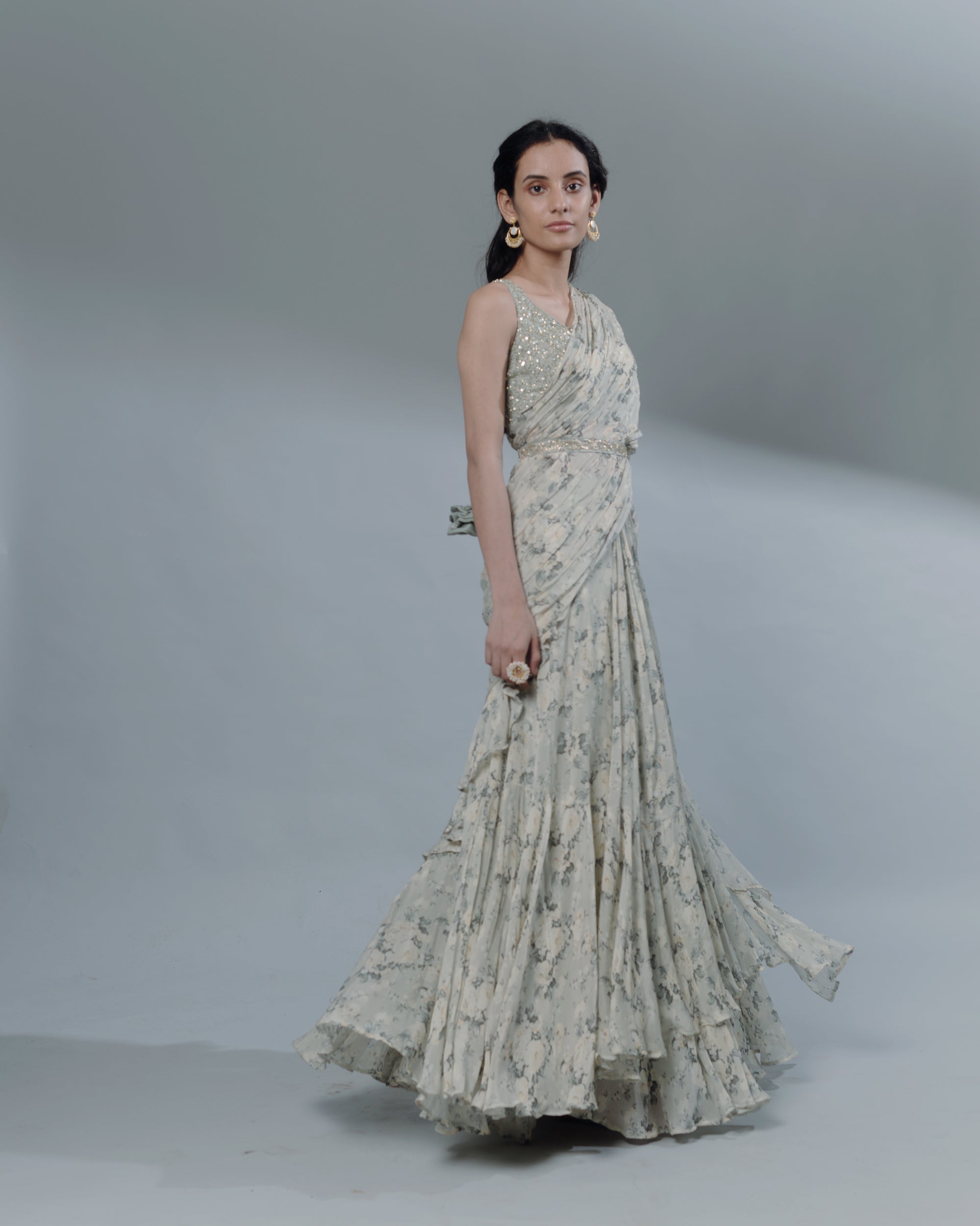 Mint Floral Printed Ruffle Saree