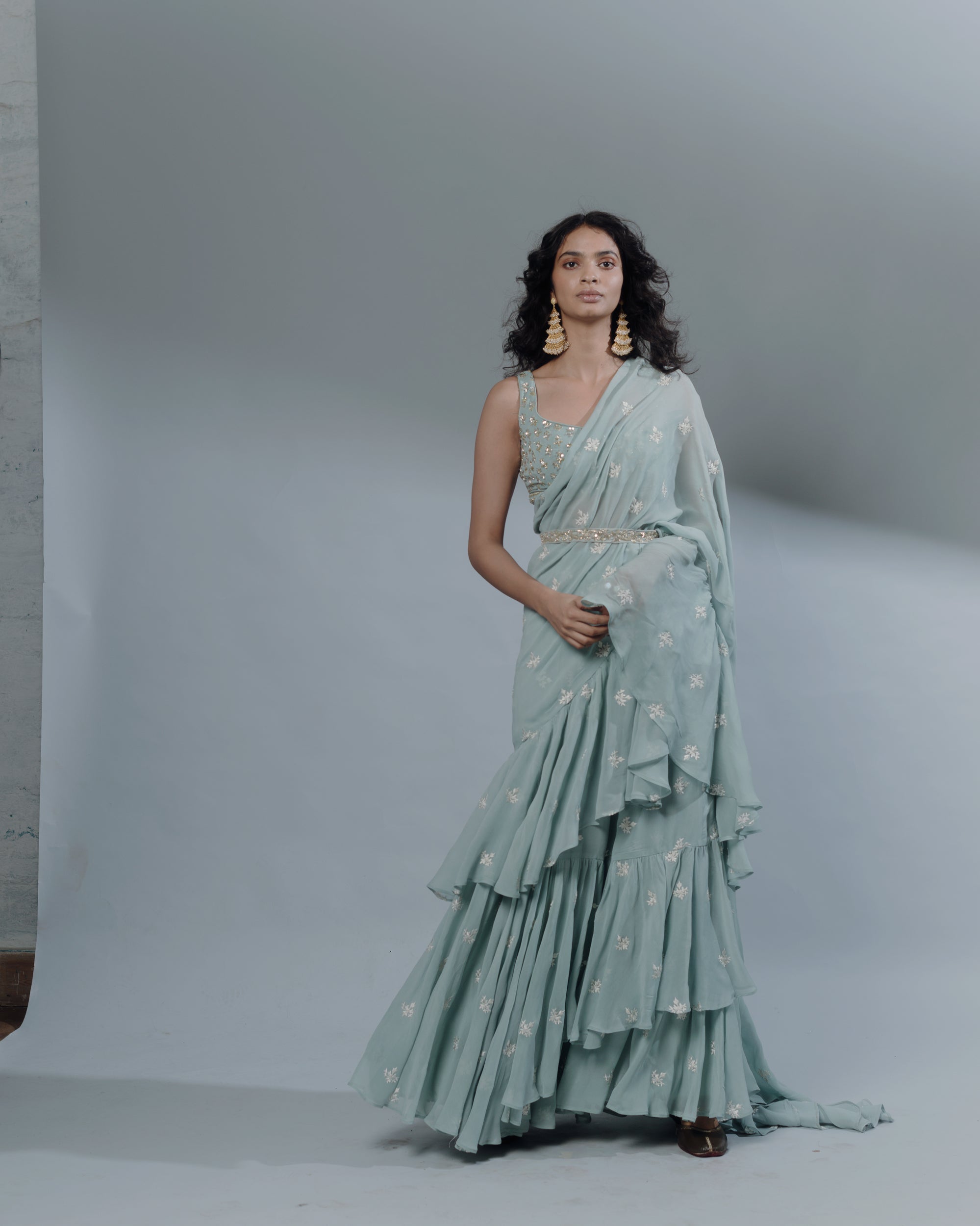 Sky Blue Bootie Ruffle Saree Set