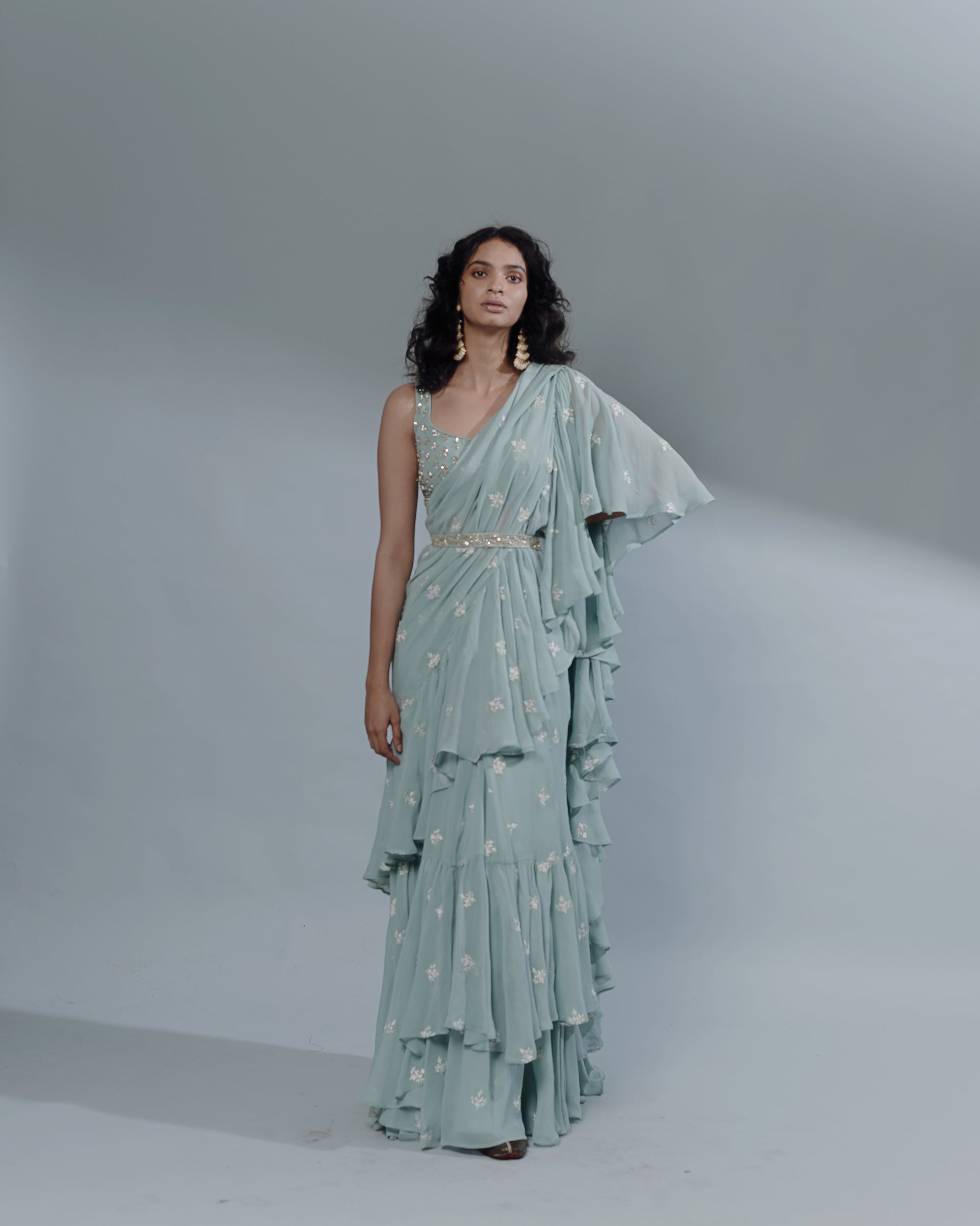 Sky Blue Bootie Ruffle Saree Set