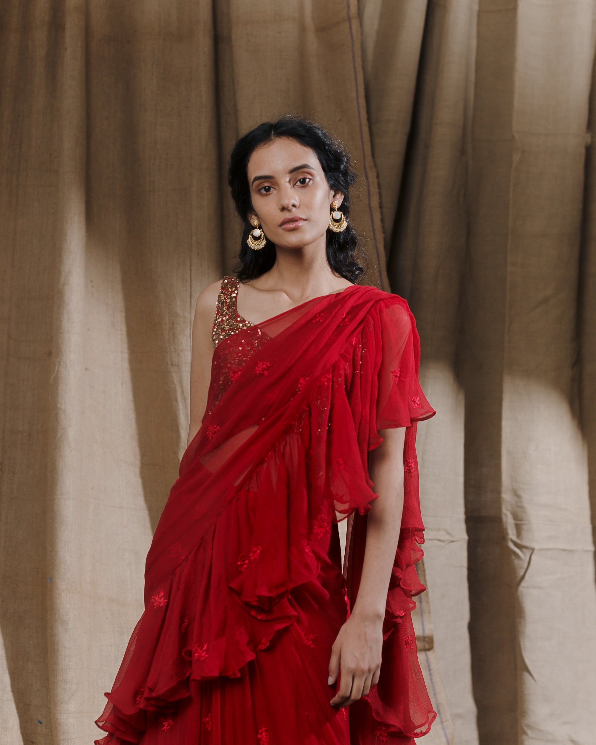 Red Thread Ruffle Saree With Embellished Blouse