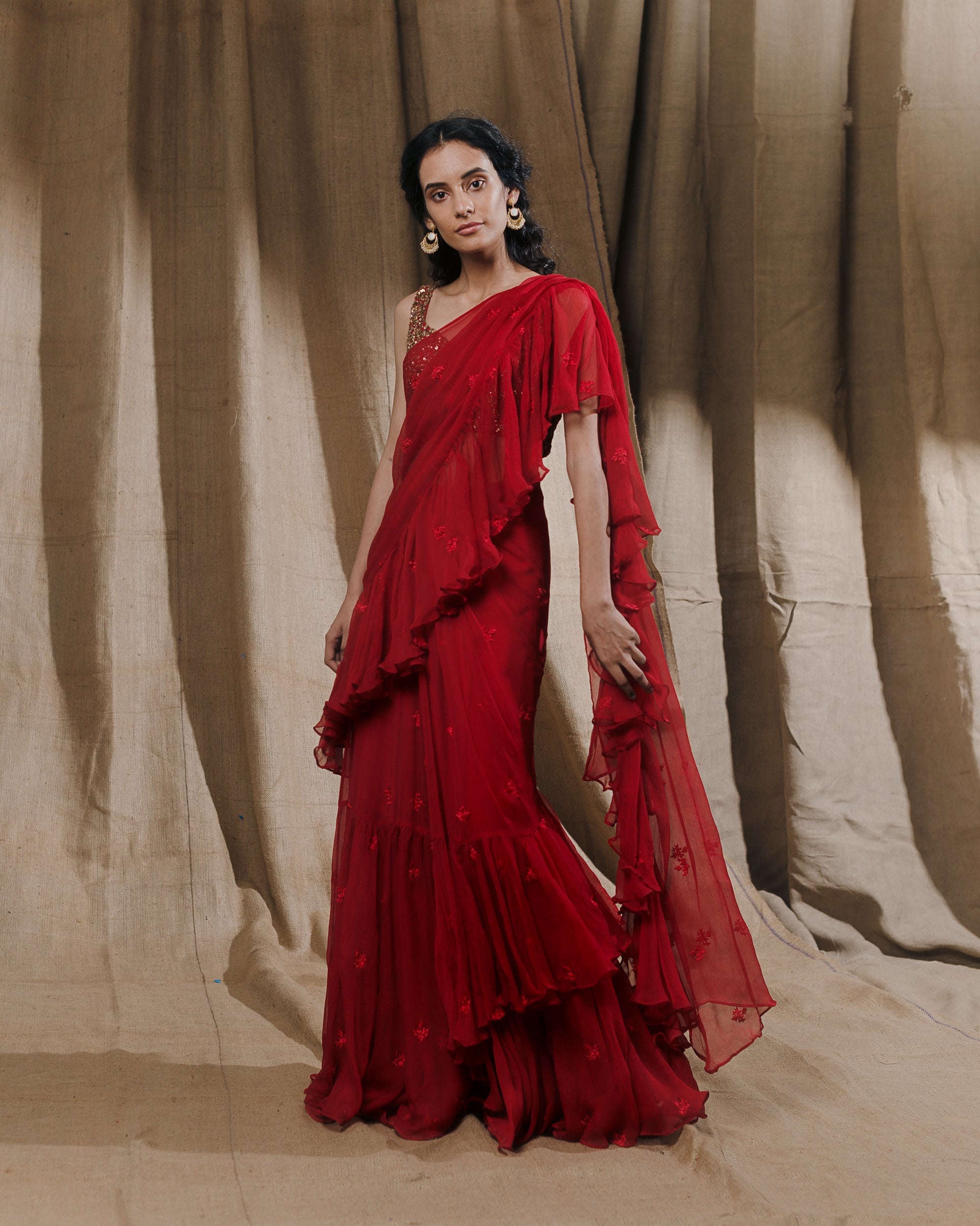 Red Thread Ruffle Saree With Embellished Blouse