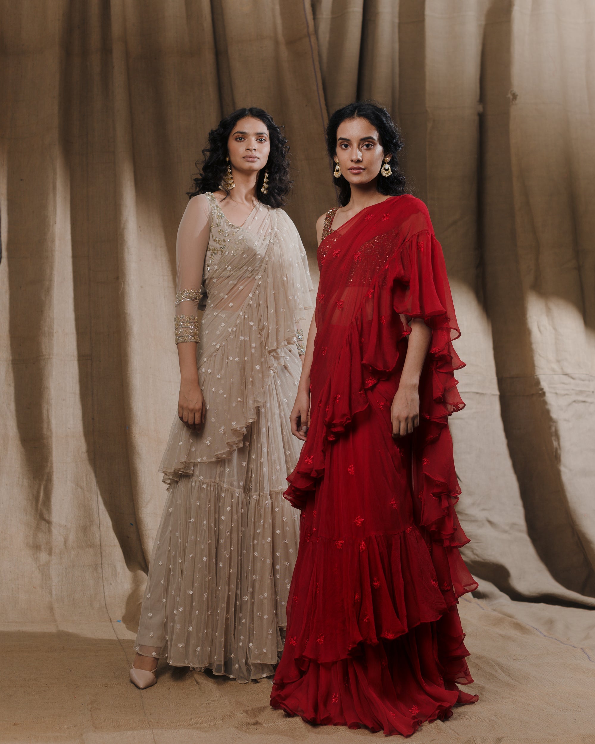 Red Thread Ruffle Saree With Embellished Blouse