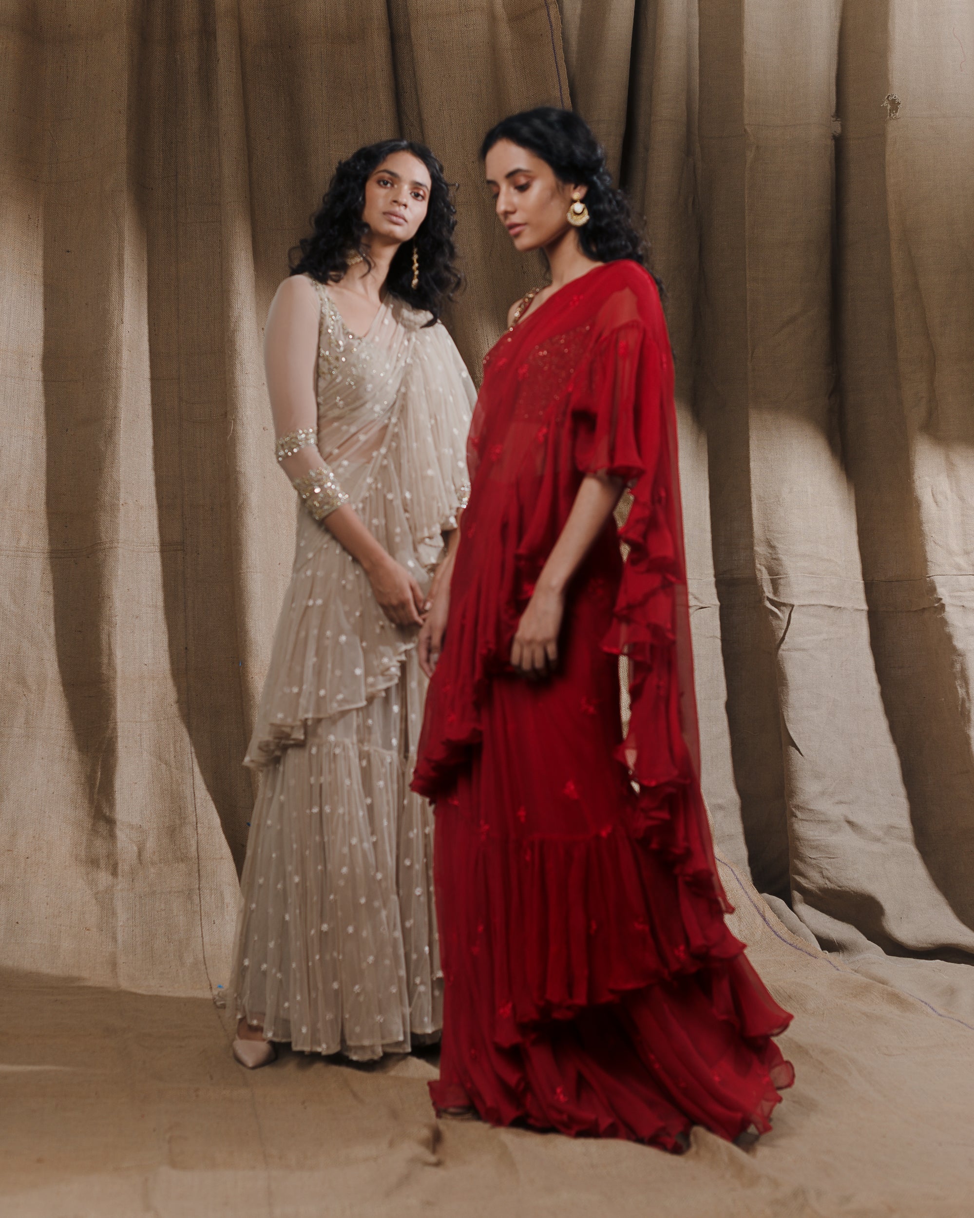 Red Thread Ruffle Saree With Embellished Blouse