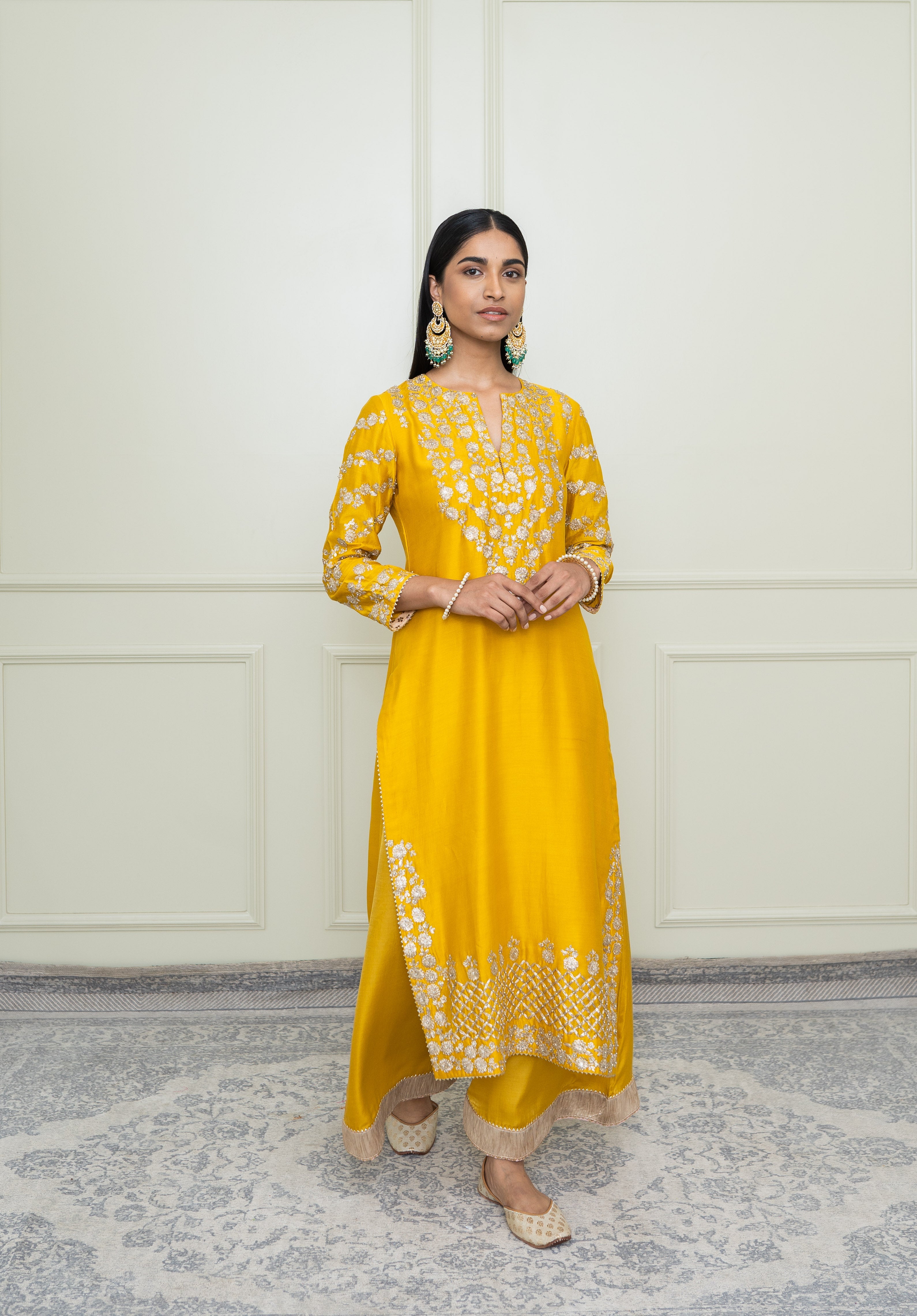 Aarvi- Glaze Mustard Tilla Embroidered Kurta Set