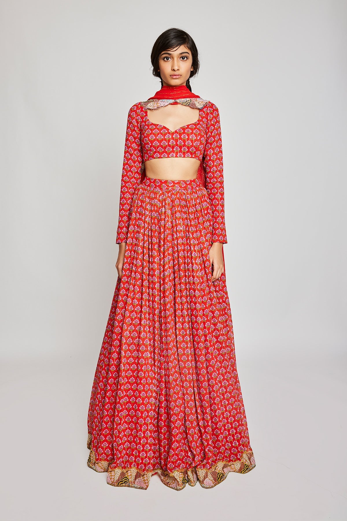 Punxes - Red Dobby Lehenga Set