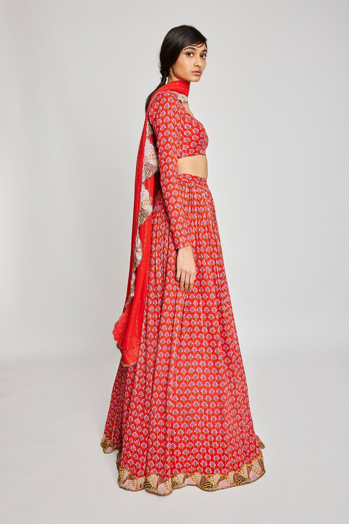 Punxes - Red Dobby Lehenga Set
