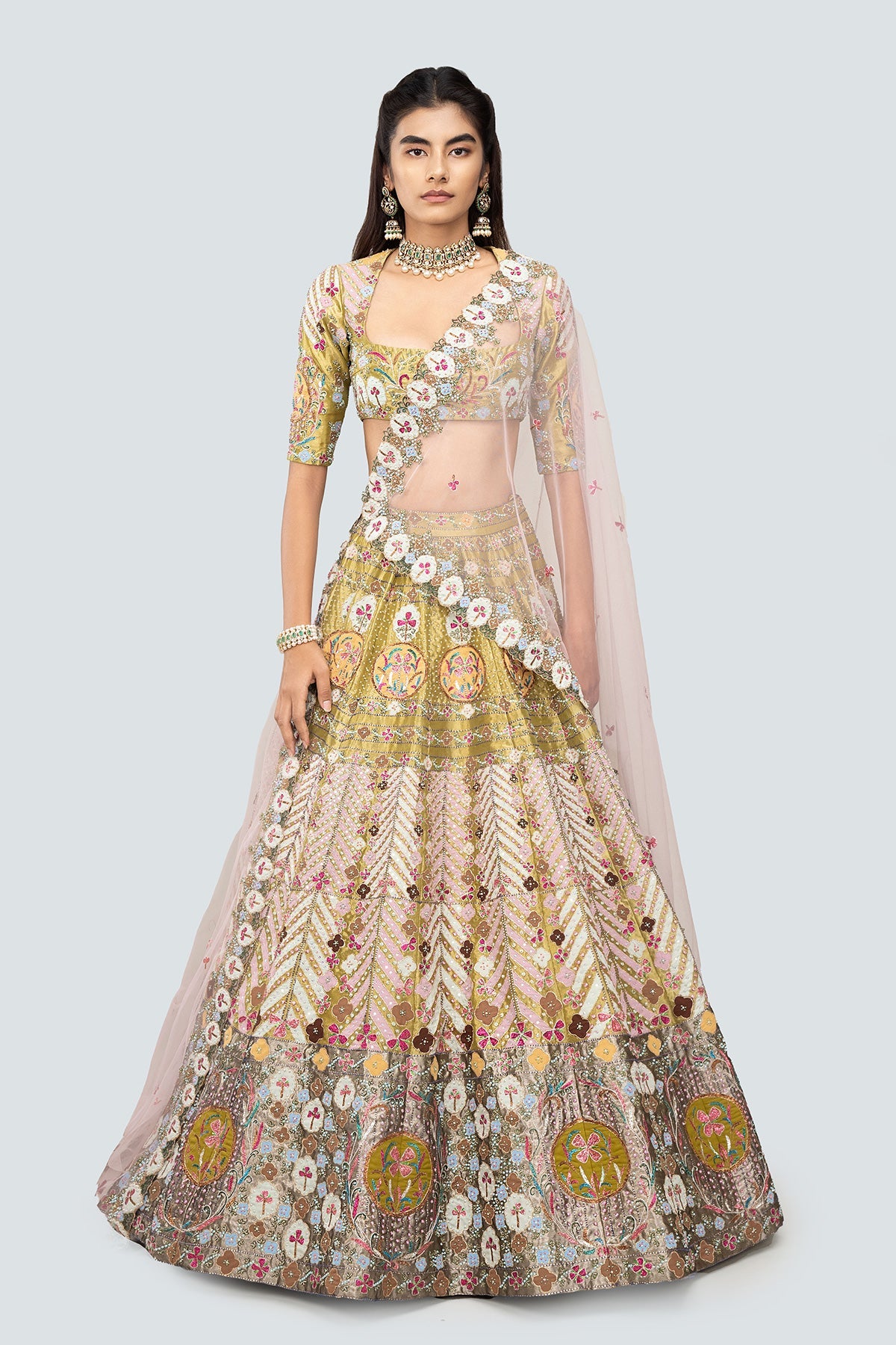 Banou - Olive Tissue Lehenga Set