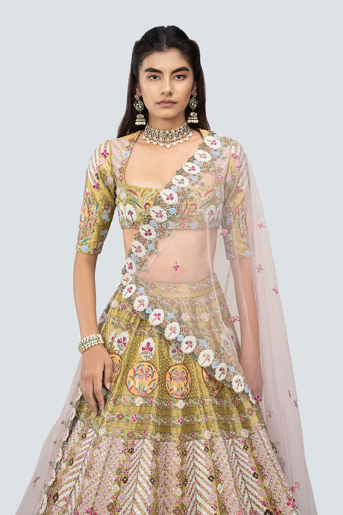 Banou - Olive Tissue Lehenga Set