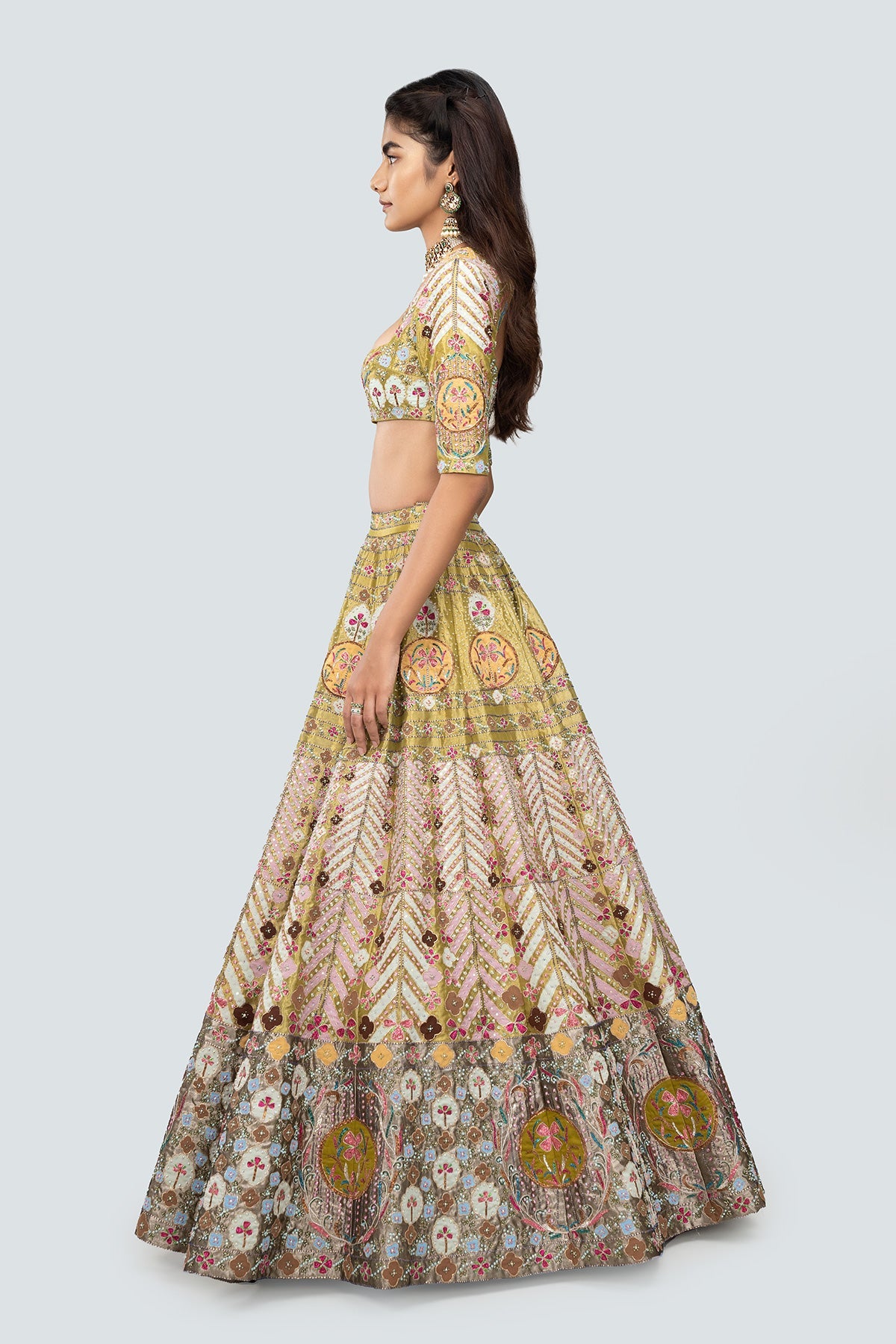 Banou - Olive Tissue Lehenga Set