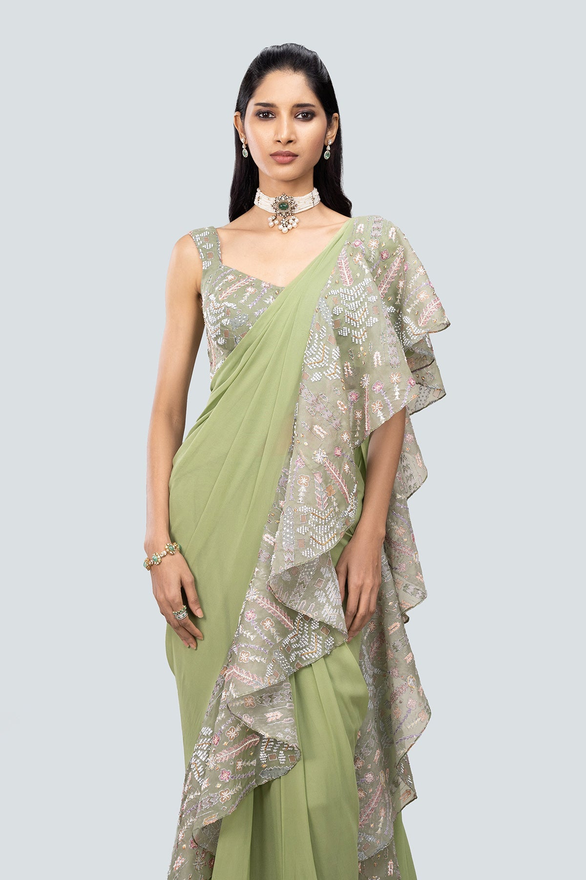Kusum - Asparagus Georgette Saree Set