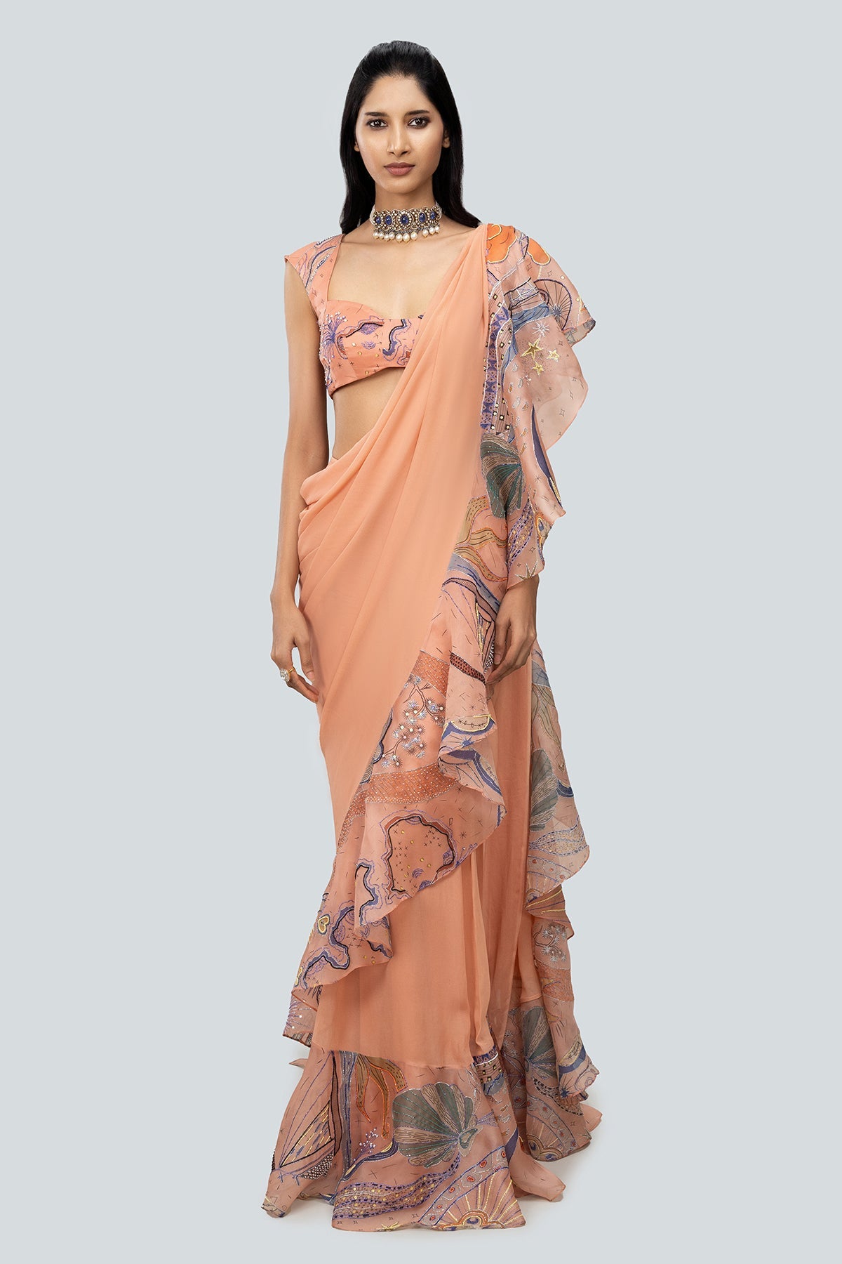 Aegean - Peach Georgette Saree Set