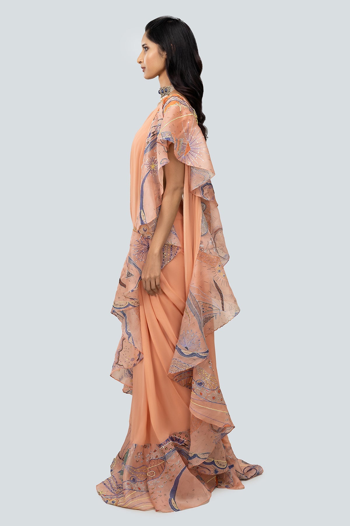 Aegean - Peach Georgette Saree Set