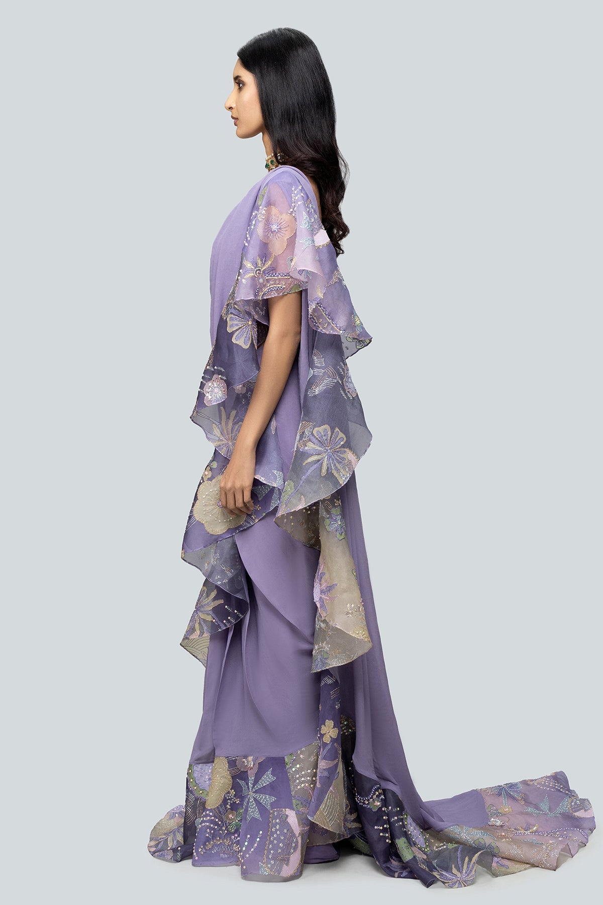 Tarika - Multicolor Organza Ruffle Saree Set