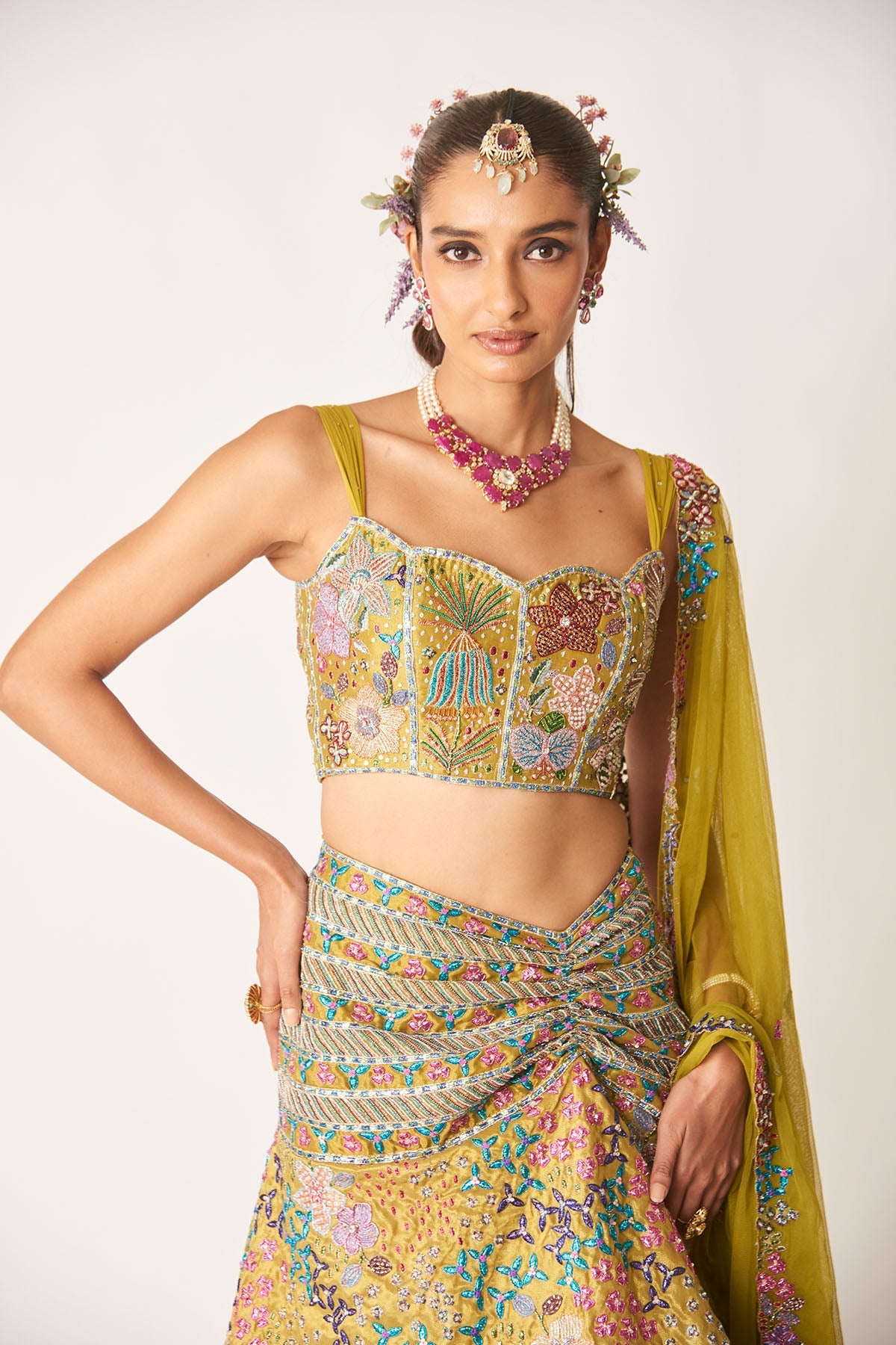 Sharvari In Olésia - Olive Tissue Ruched Lehenga Set