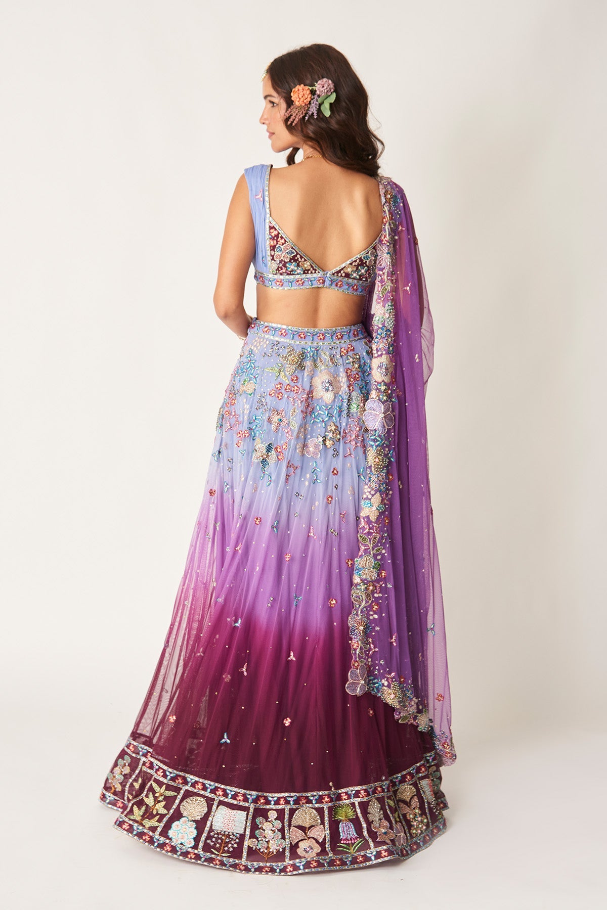 Mirabelle - Blue-Plum Tulle Net Lehenga Set