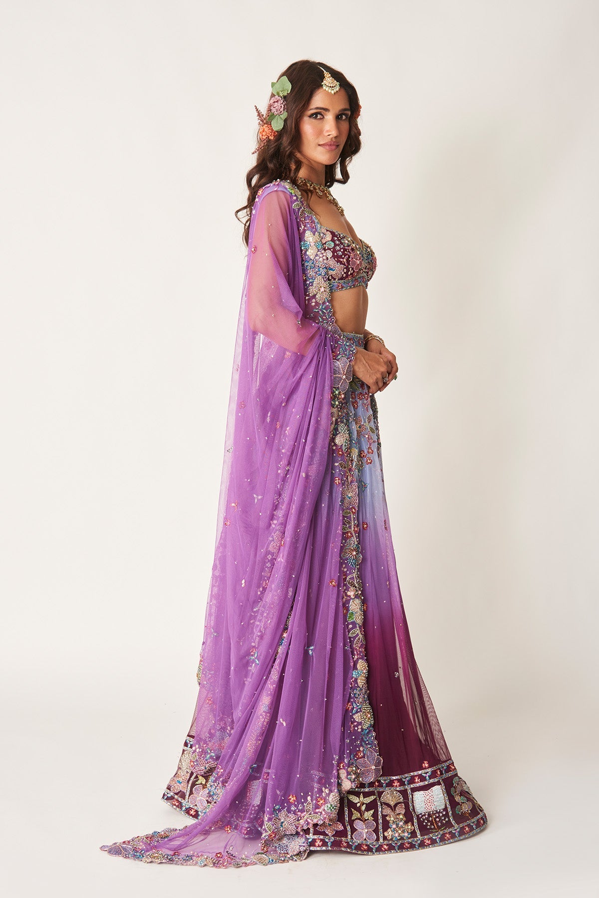 Mirabelle - Blue-Plum Tulle Net Lehenga Set