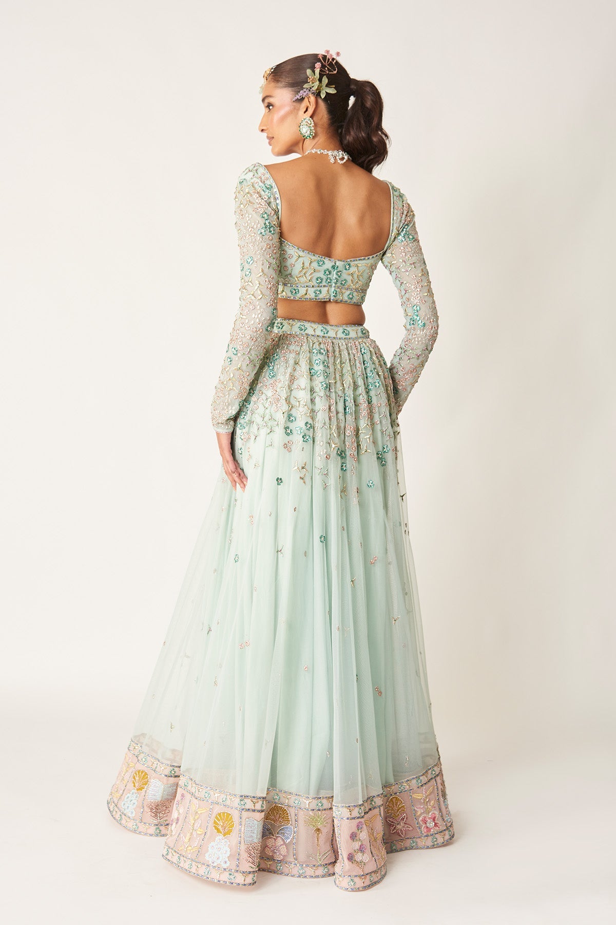 Verlise - Powder Blue Tulle Net Lehenga Set