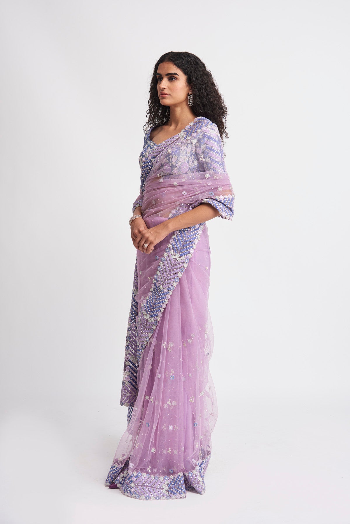 Fariba - Lavender Tulle Net Saree Set