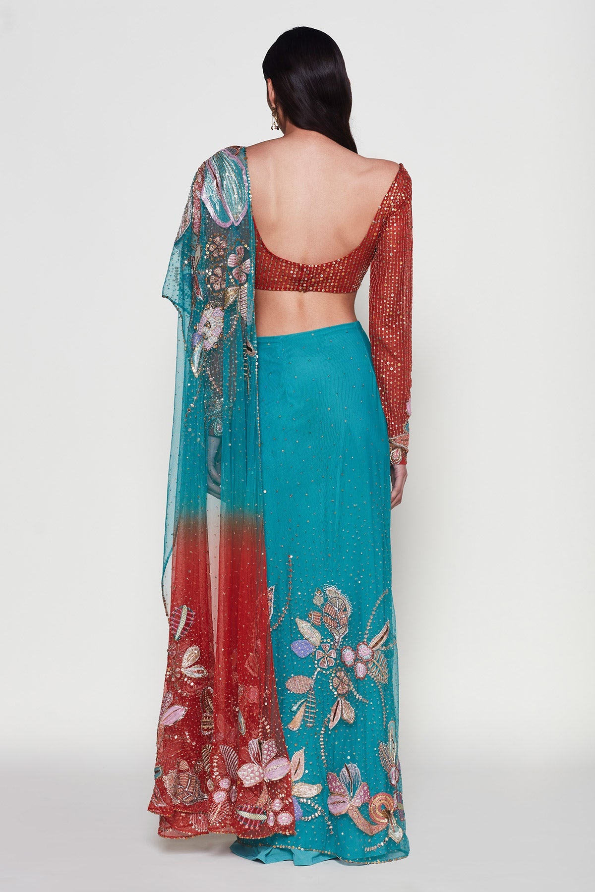 Verdance - Turq Orange Tulle Net Saree Set
