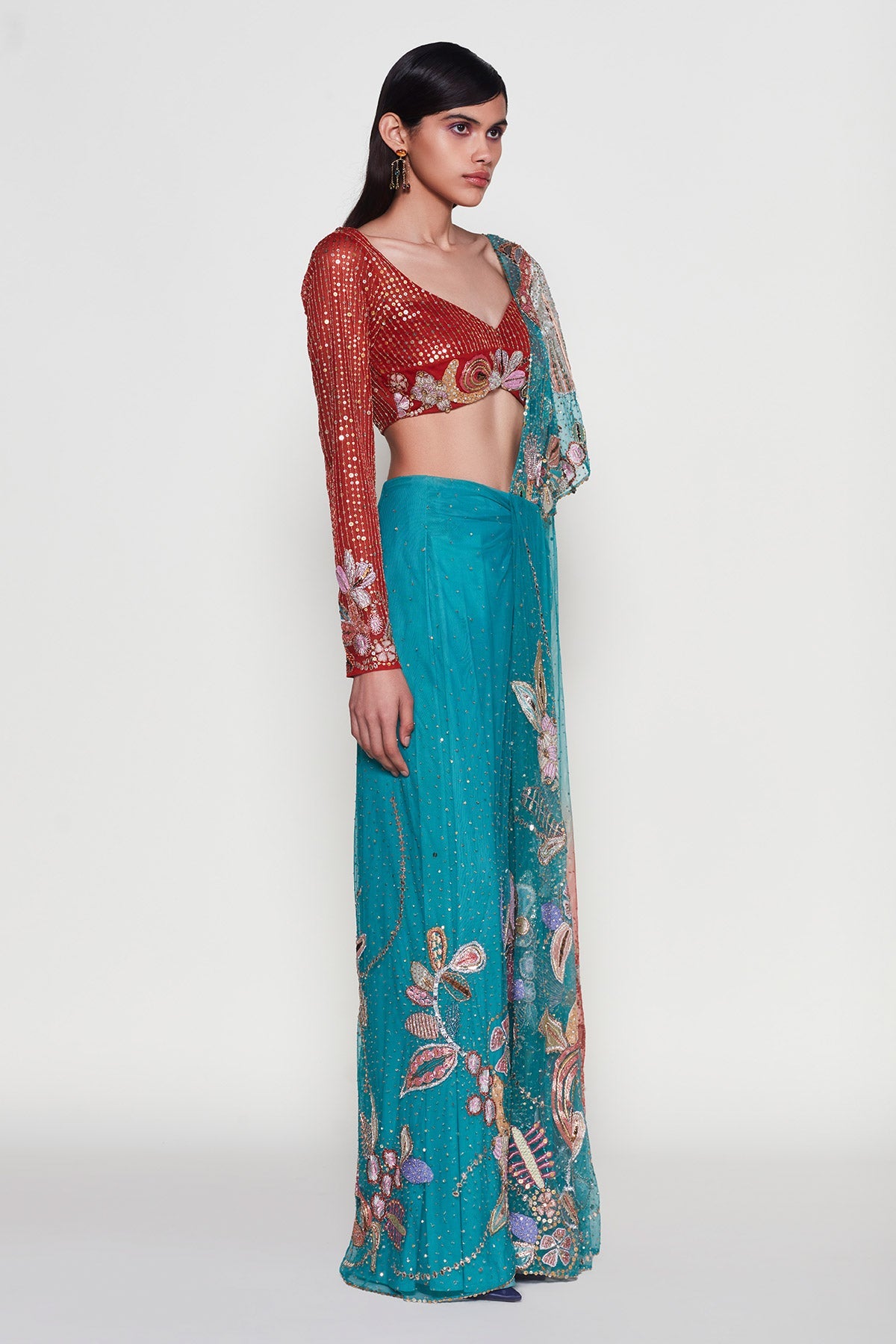 Verdance - Turq Orange Tulle Net Saree Set