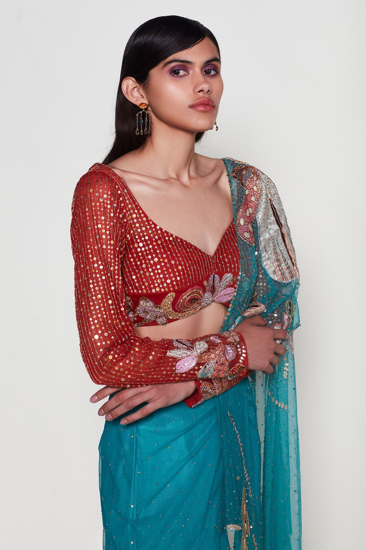Verdance - Turq Orange Tulle Net Saree Set