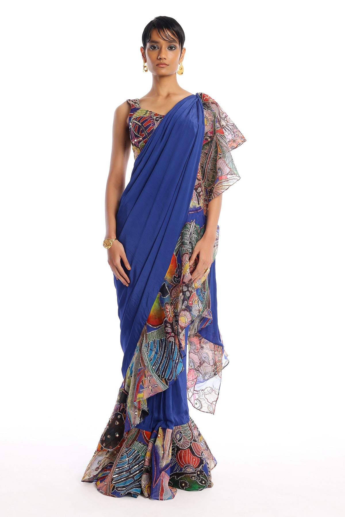 Labyrinth - Midnight Blue Mulberry Crepe Saree Set