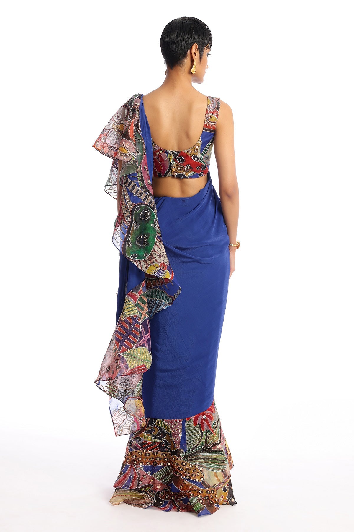 Labyrinth - Midnight Blue Mulberry Crepe Saree Set