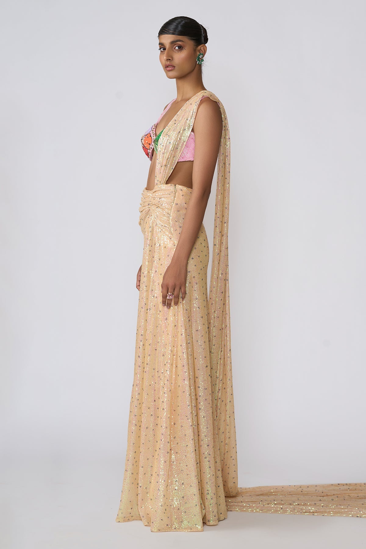 Solara - Flax Yellow Sequin Tulle Saree Set
