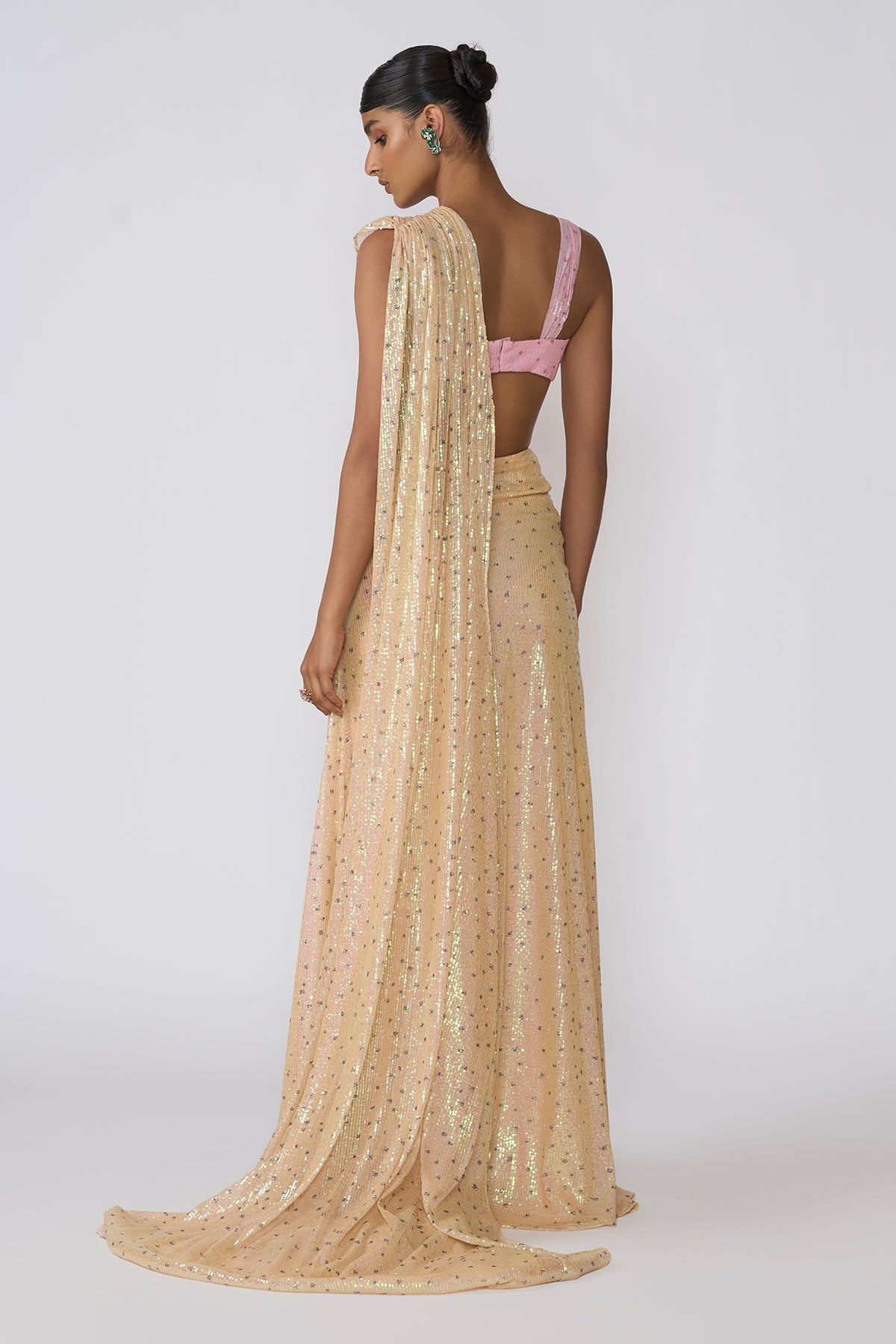 Solara - Flax Yellow Sequin Tulle Saree Set