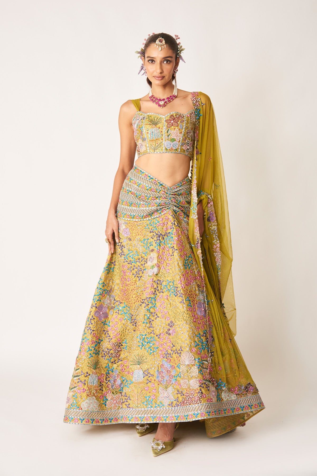 Sharvari In Olésia - Olive Tissue Ruched Lehenga Set