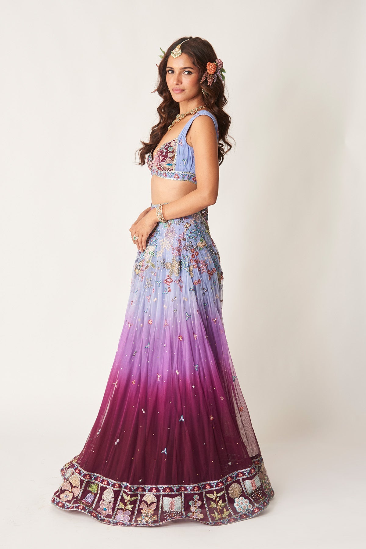 Mirabelle - Blue-Plum Tulle Net Lehenga Set