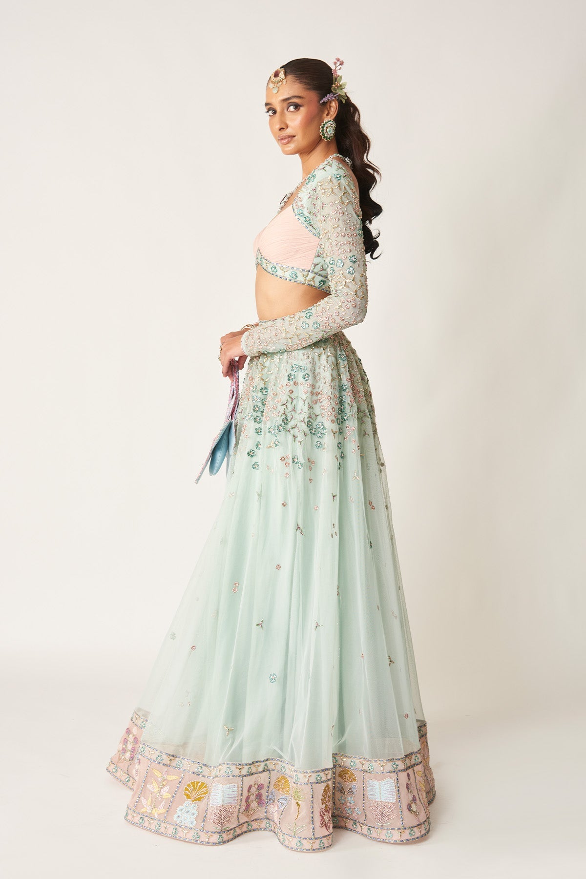 Verlise - Powder Blue Tulle Net Lehenga Set