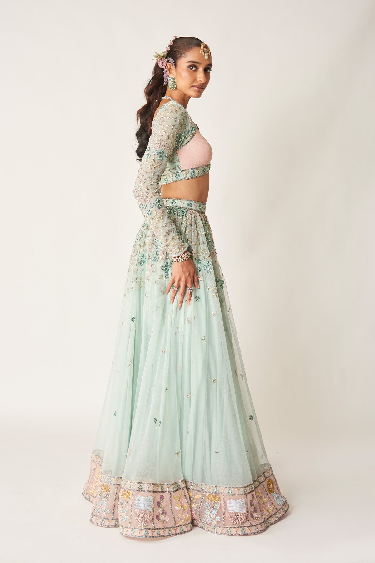 Verlise - Powder Blue Tulle Net Lehenga Set