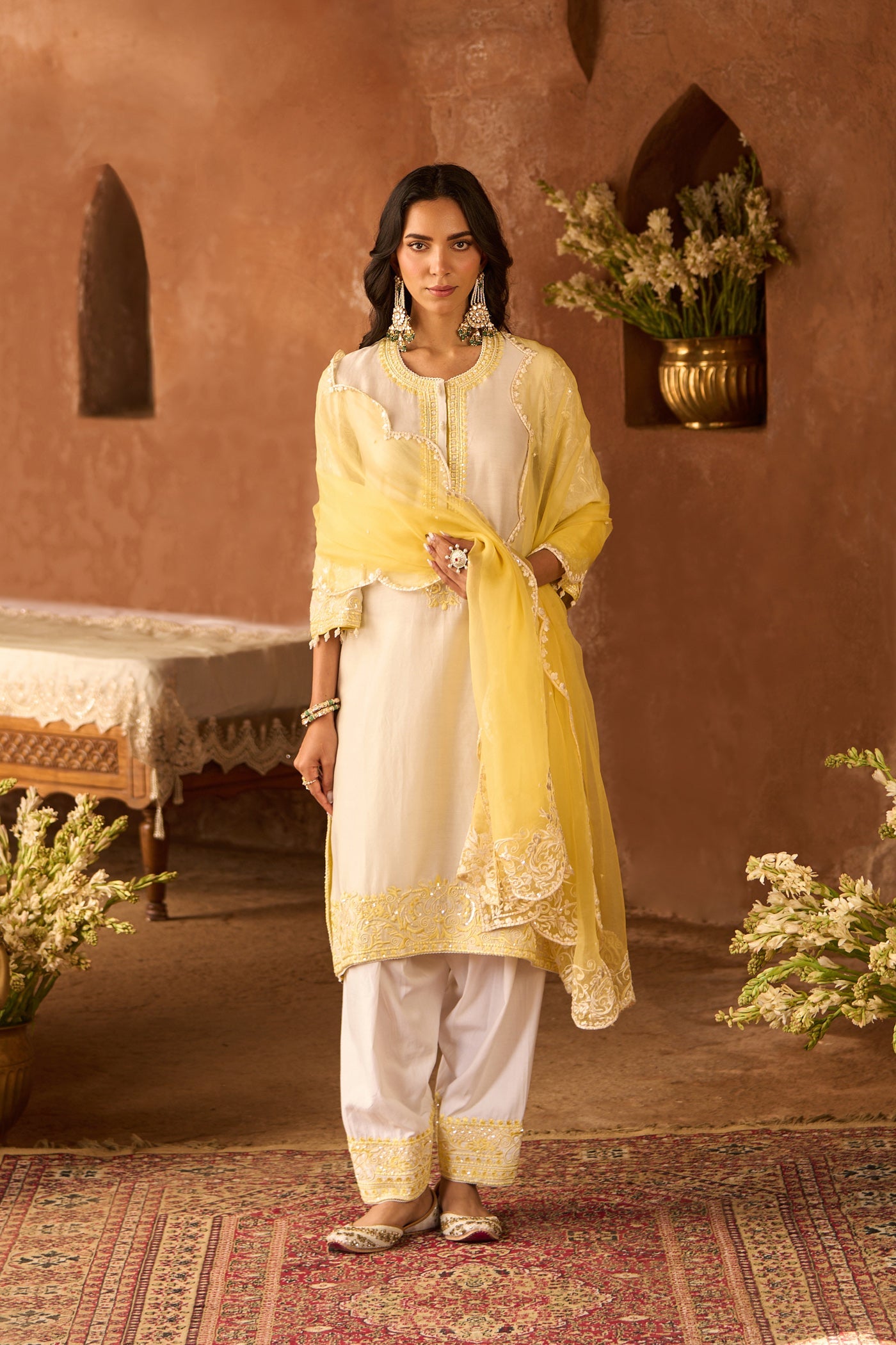 ANAM - DAISY IVORY WITH LEMON YELLOW A-LINE KURTA WITH SALWAR AND DUPATTA