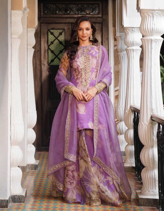 Lavender Floral Kurti Set - Kidswear