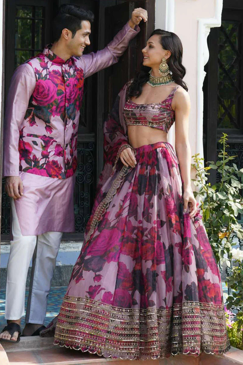 Lilac Organza Floral Menswear Kurta Set