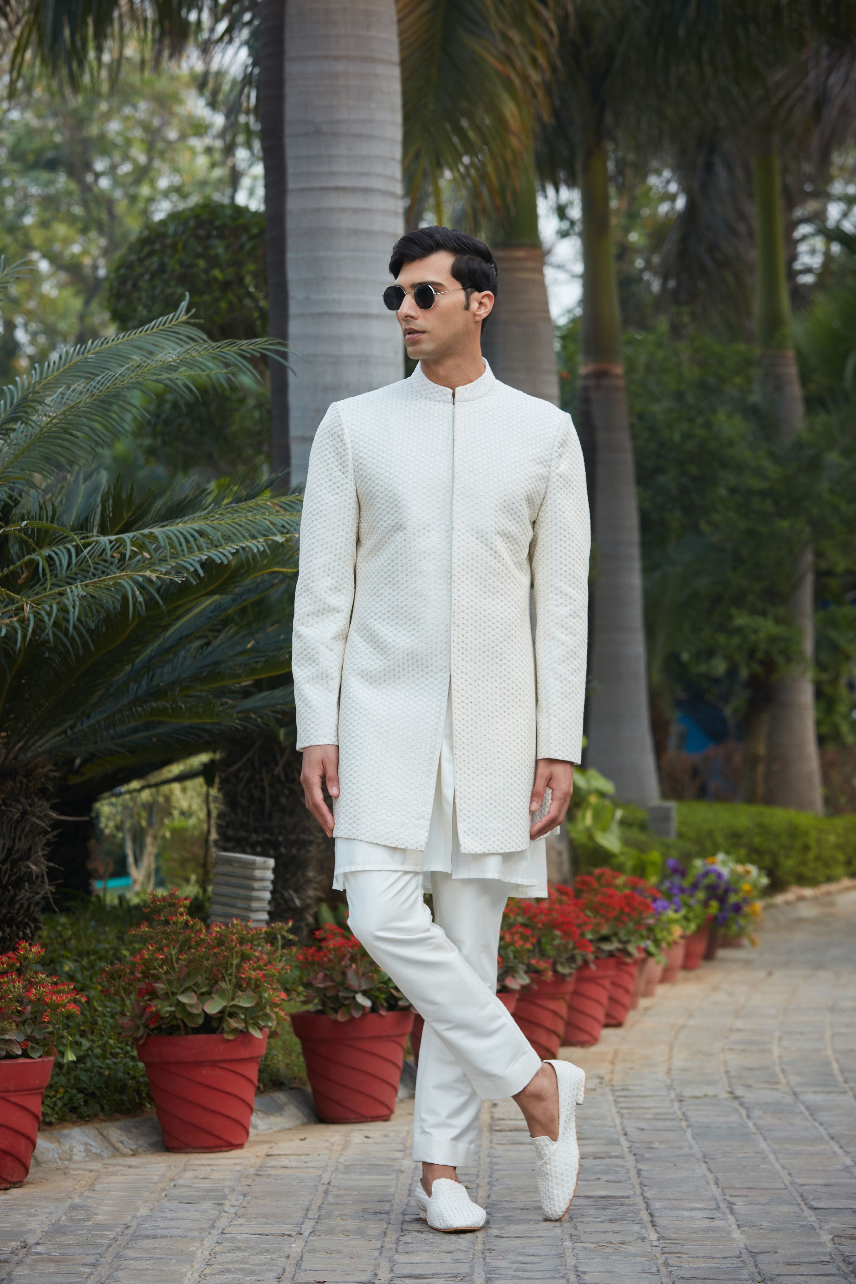 Raksa - Off White Chikankari Achkan Jacket With Front Open Kurta Set