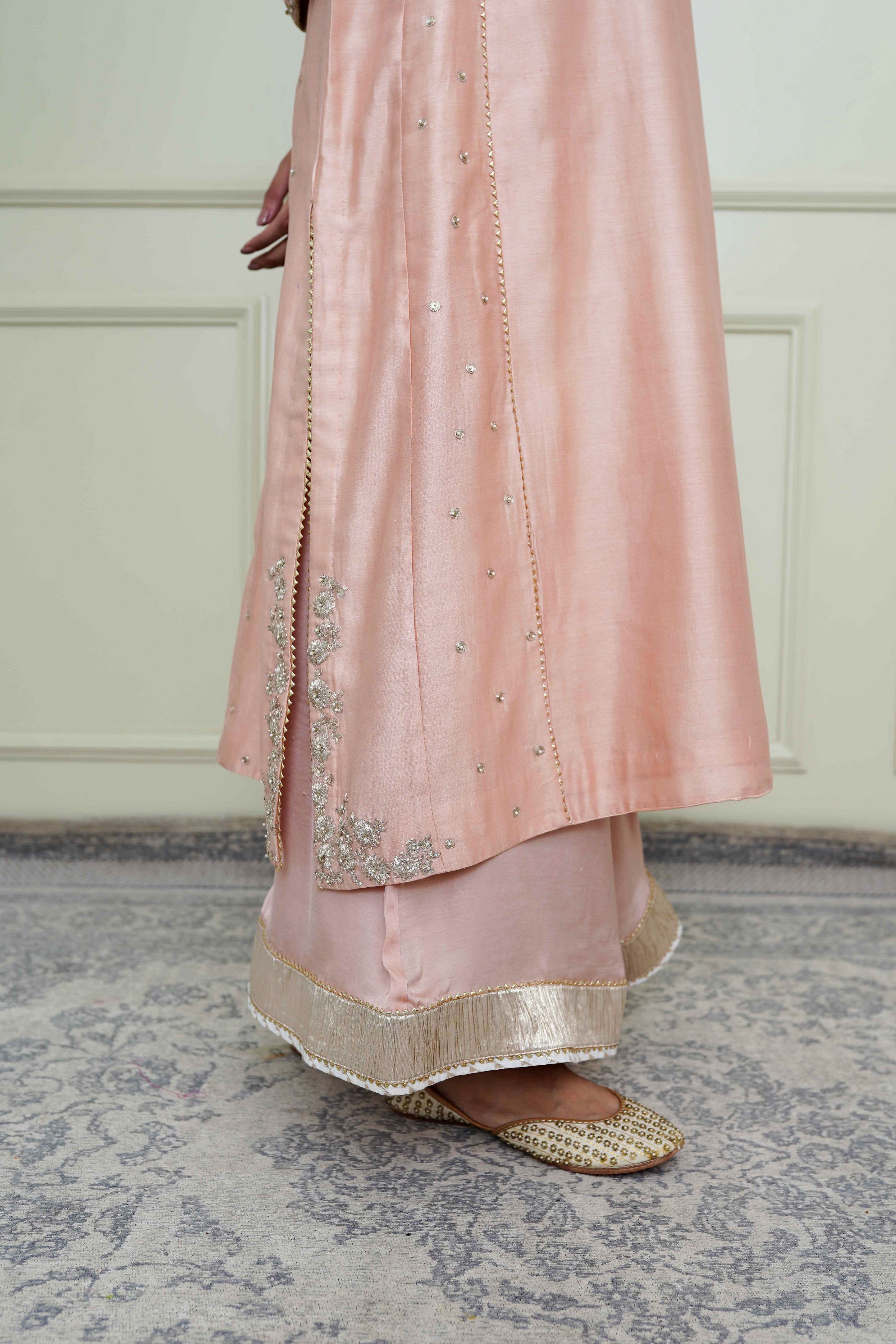 Basirah-Pearl Pink Gota Embroidered Choga Kurta Set