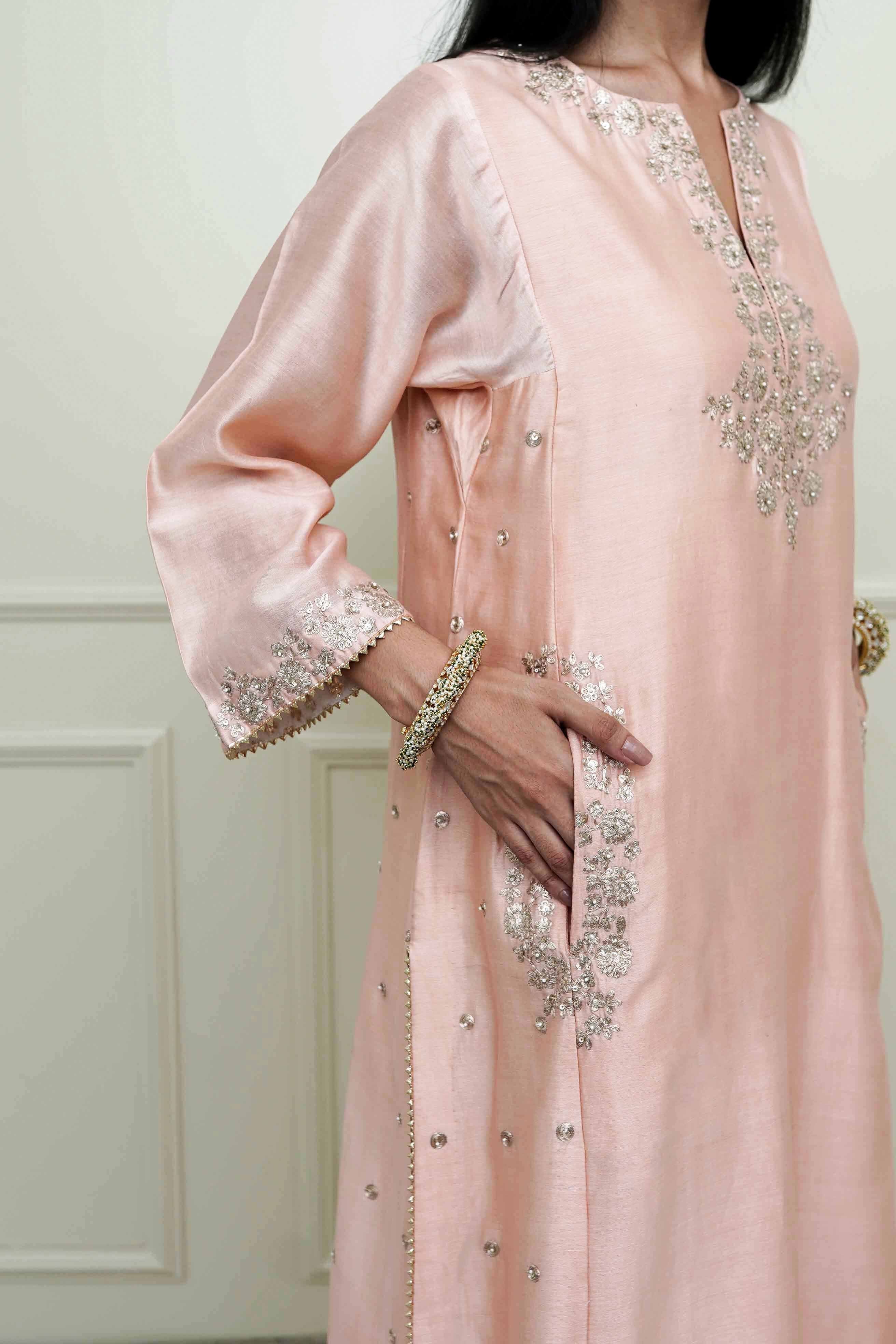 Basirah-Pearl Pink Gota Embroidered Choga Kurta Set