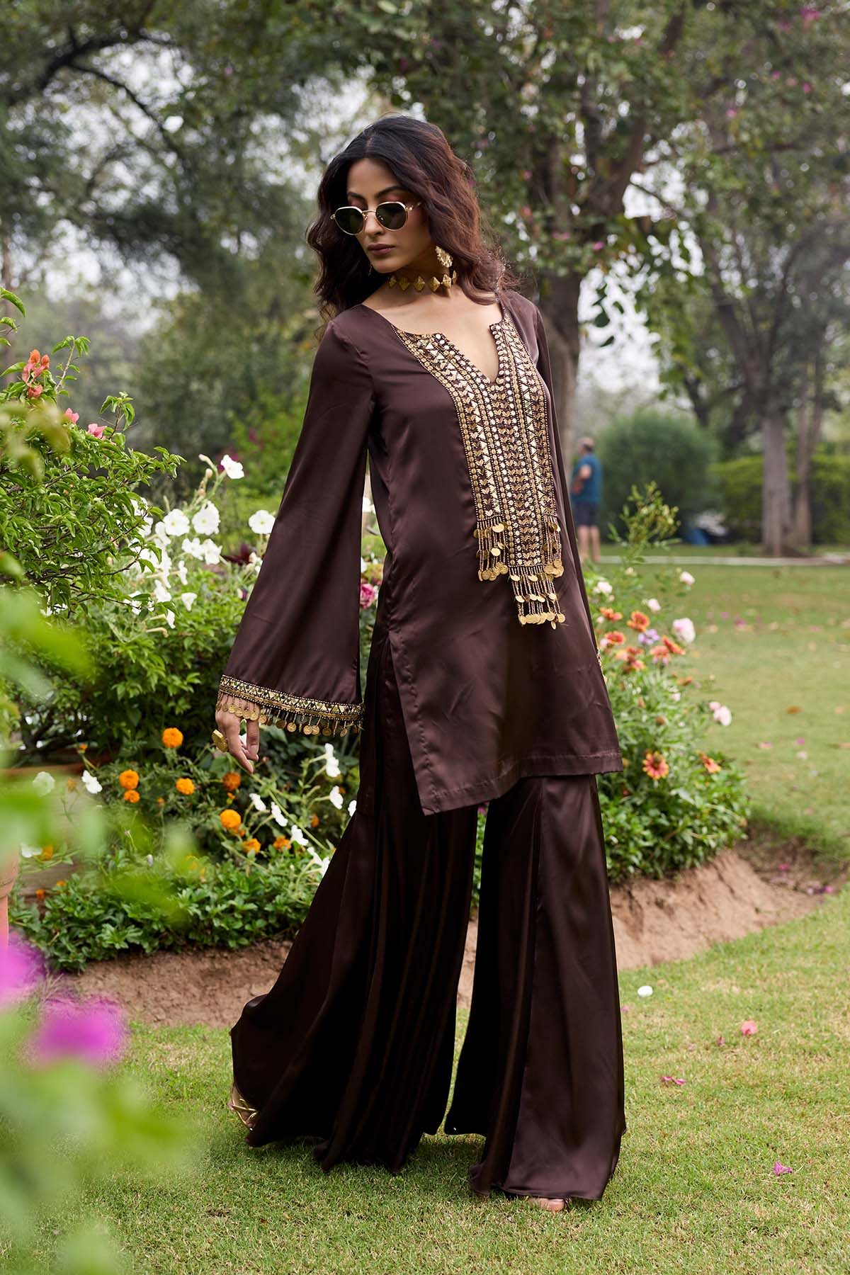 Mocha Brown Embroidered Satin Kurti Set