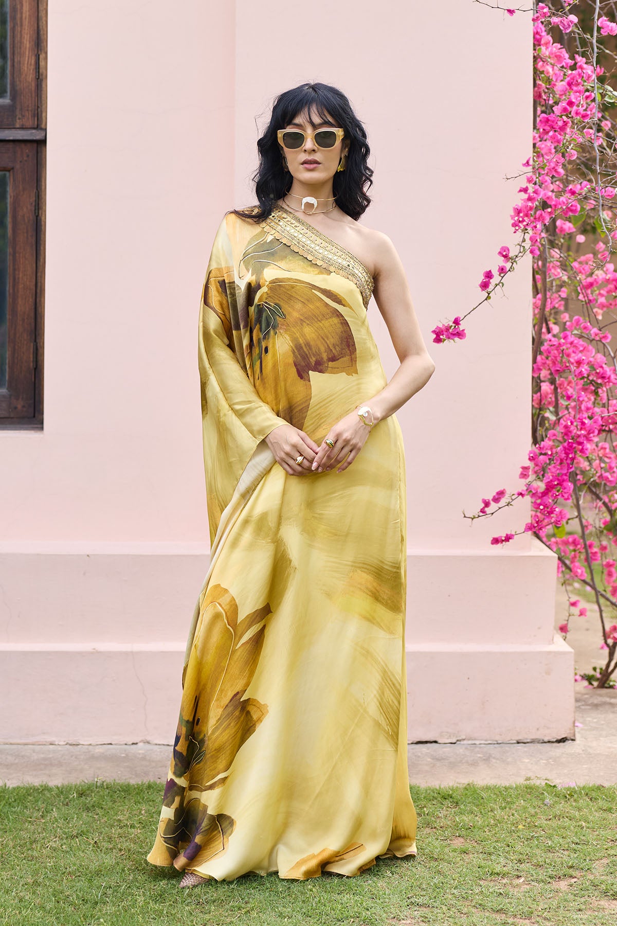 Butter Yellow Floral, One Shoulder Kaftan Set