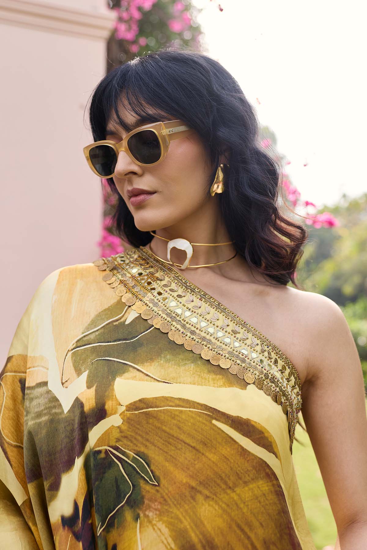 Butter Yellow Floral, One Shoulder Kaftan Set