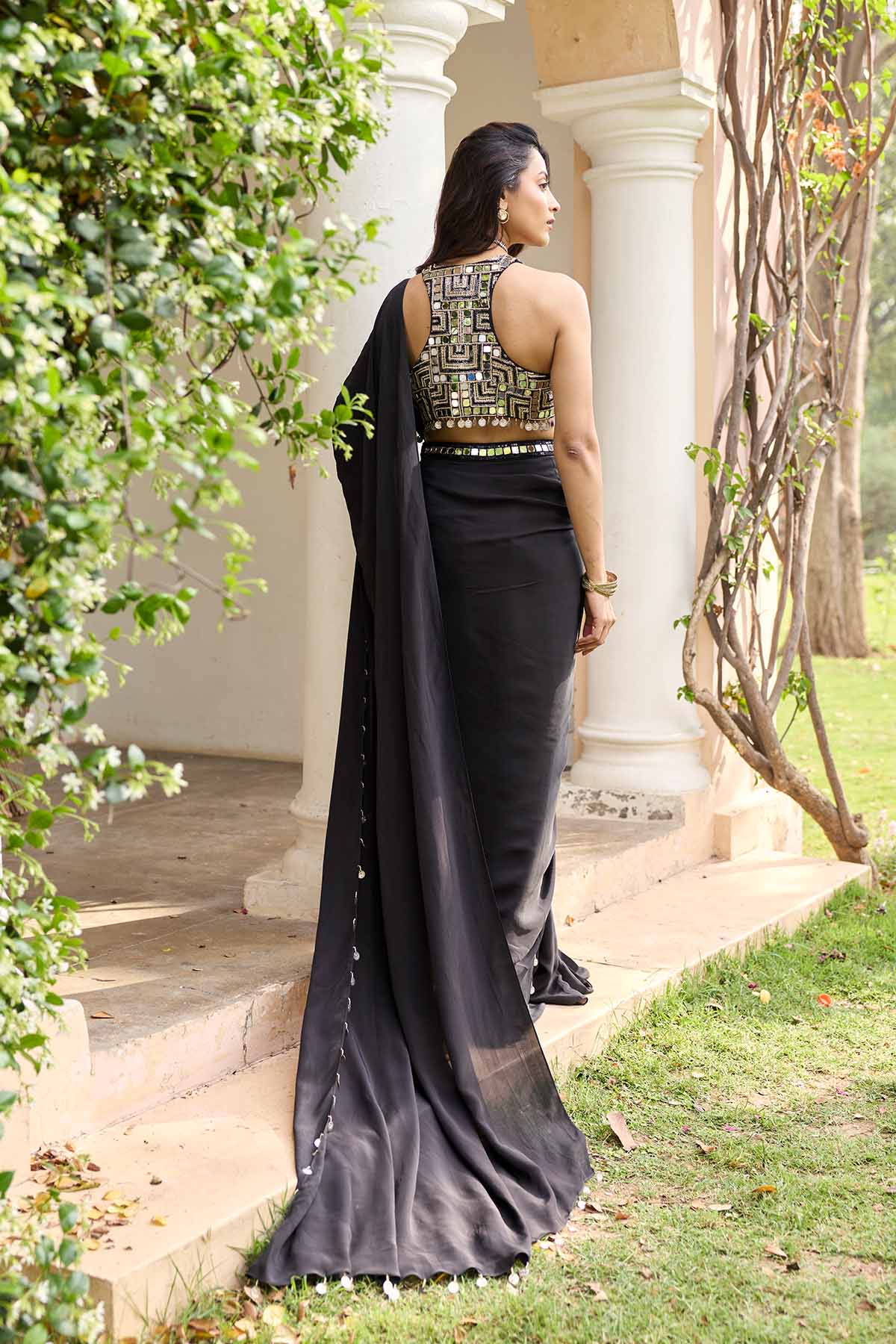 Black Solid Saree Set