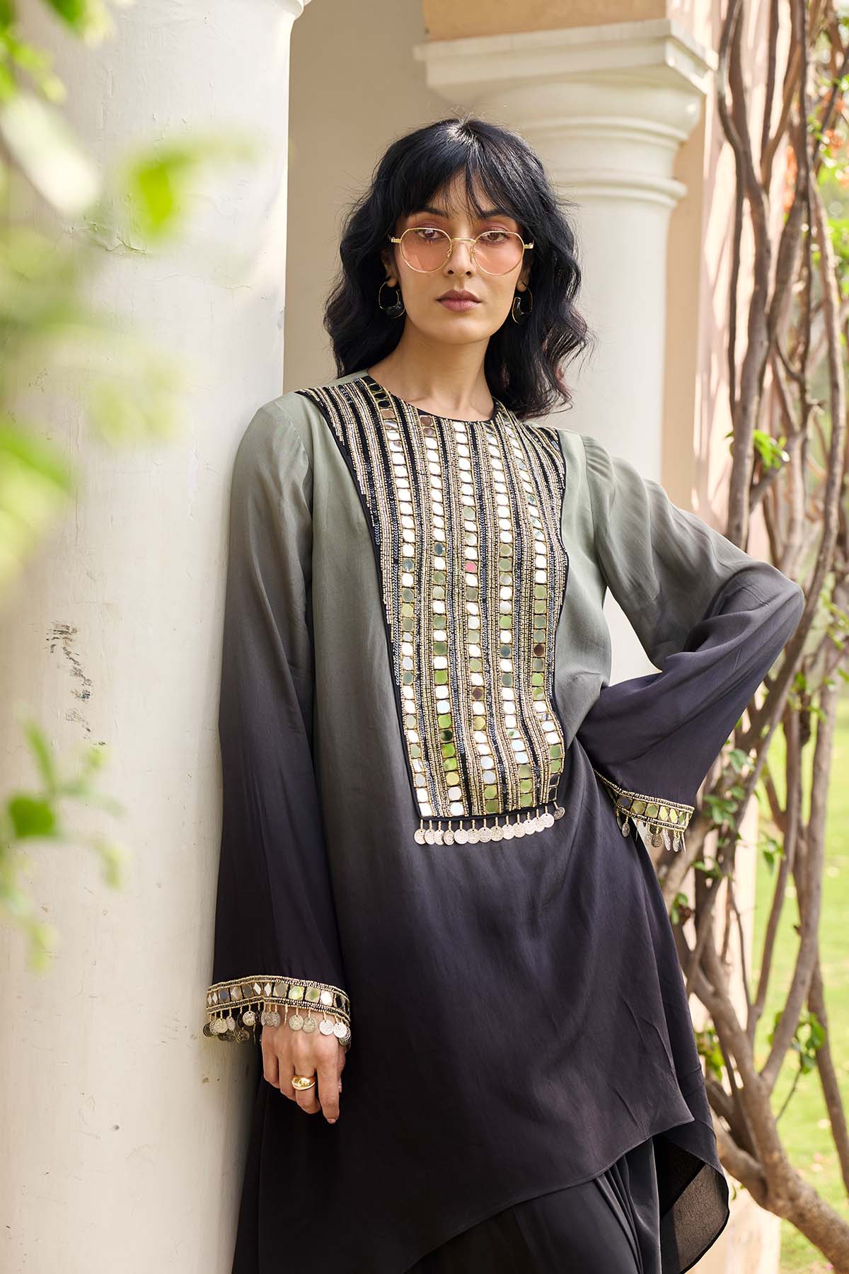 Black - Grey Ombre Embroidered Kurti Set