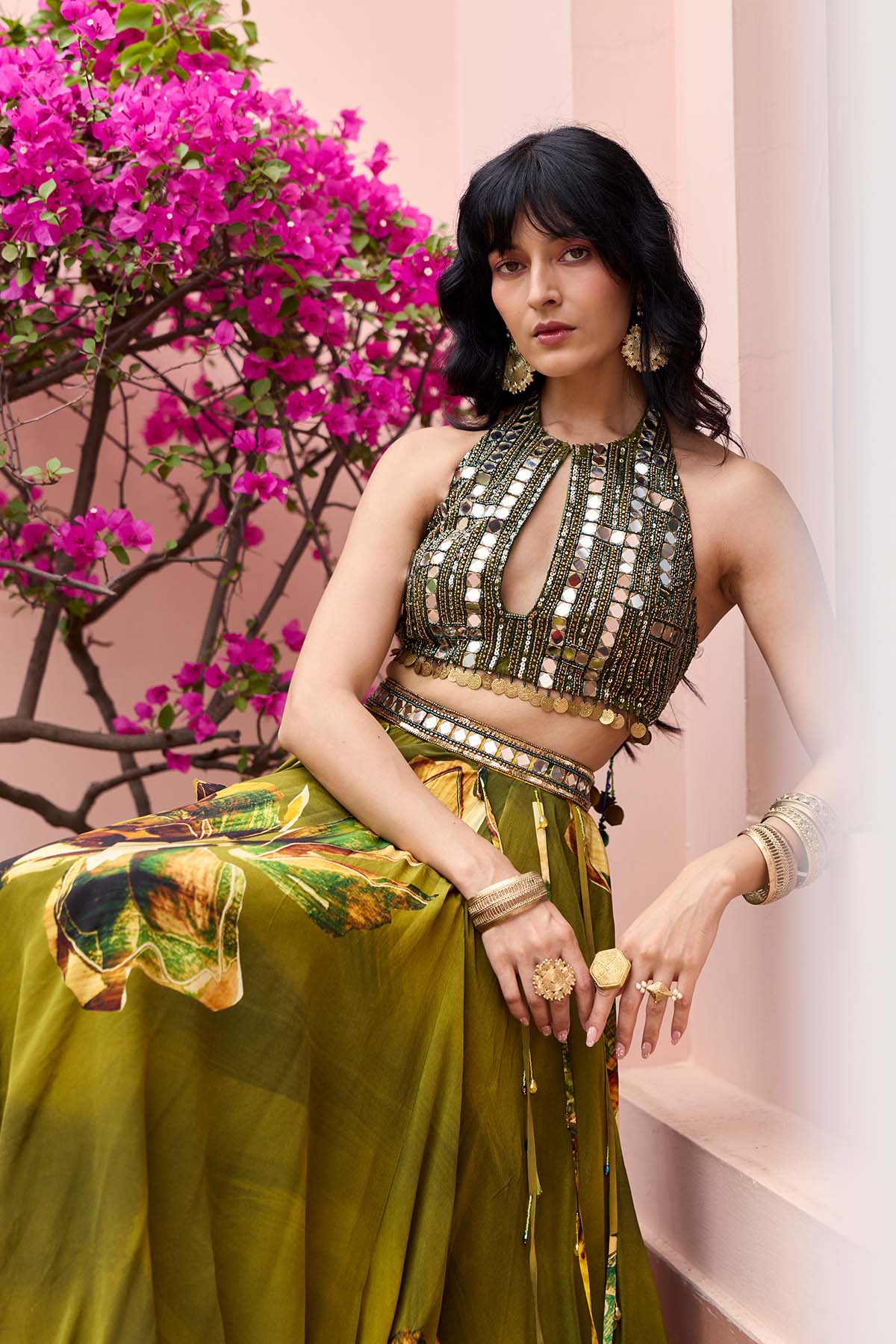 Matcha Green Floral Tasseled Lehenga Set