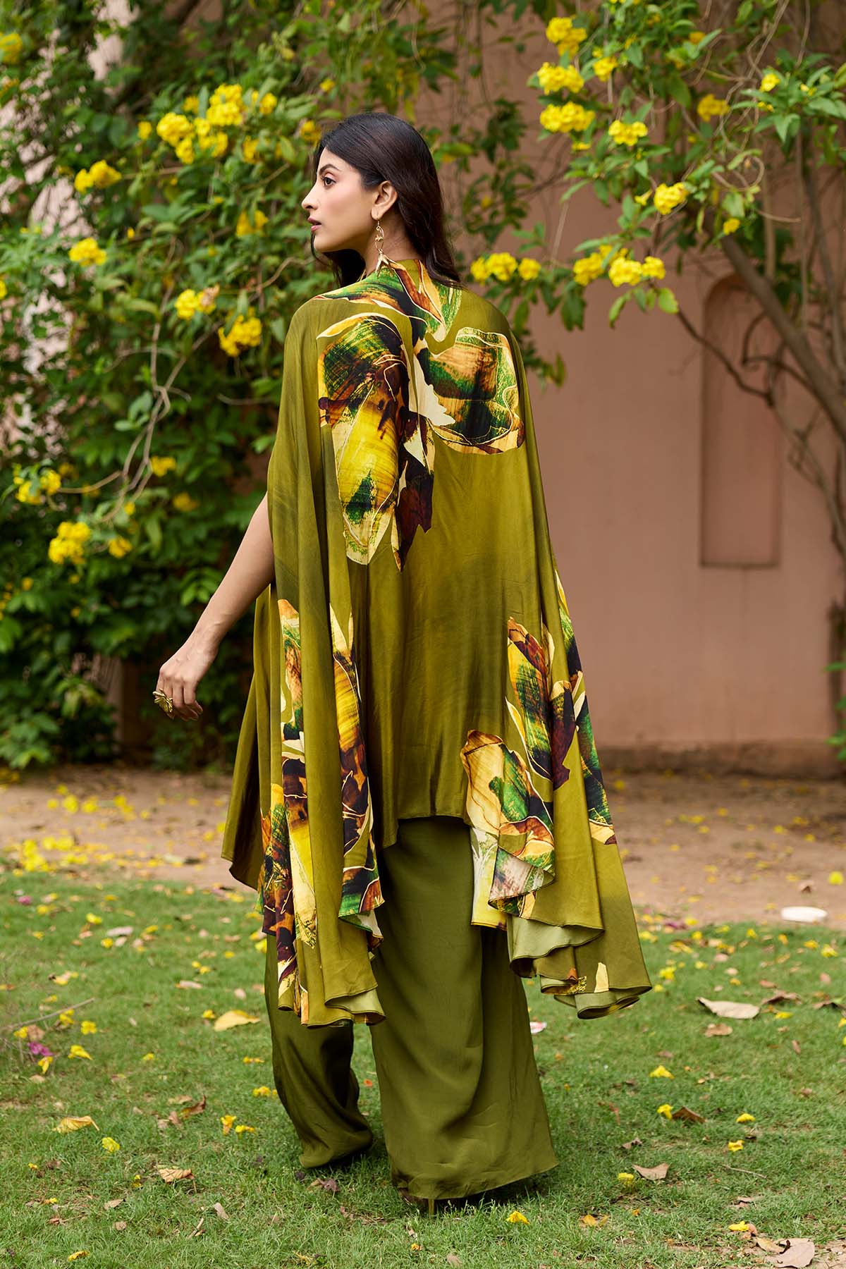 Matcha Green Floral Embroidered Yoke Kaftan Set