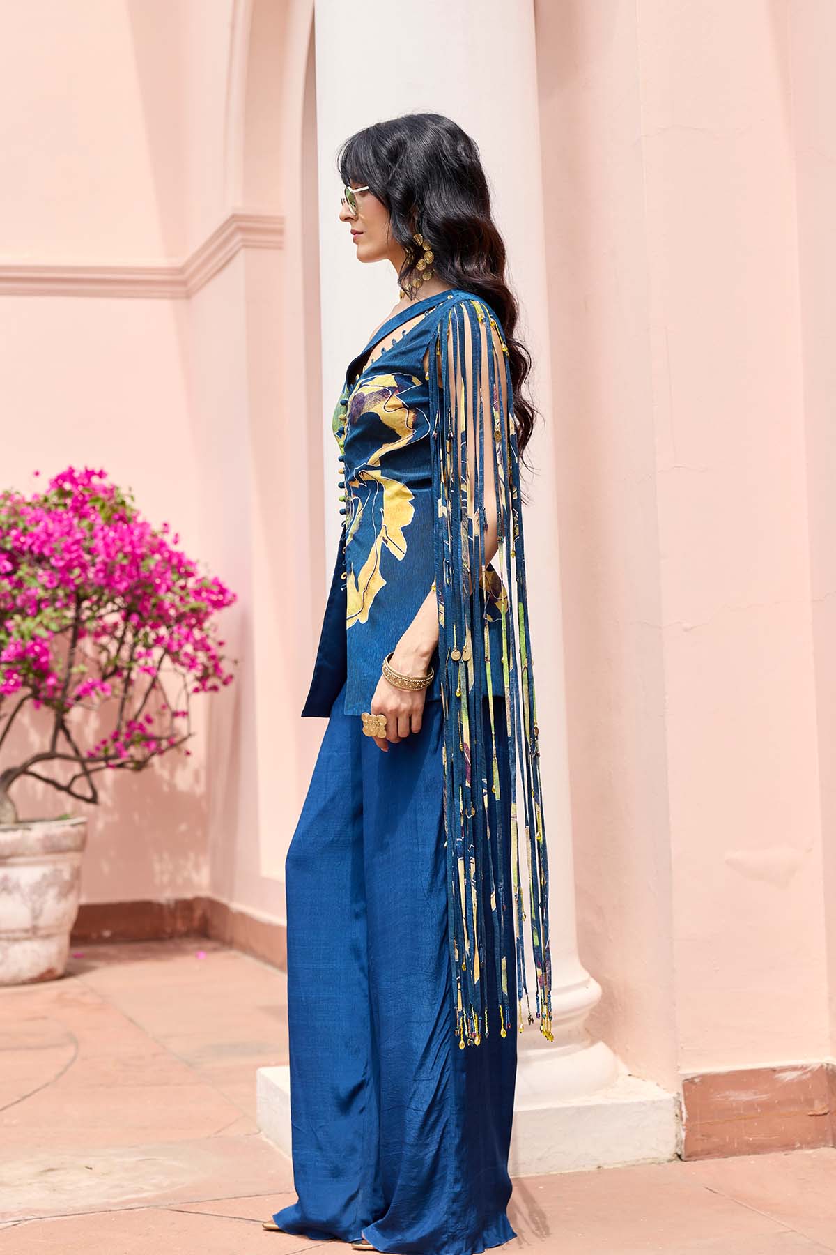 Navy Gold Printed Jacket Set