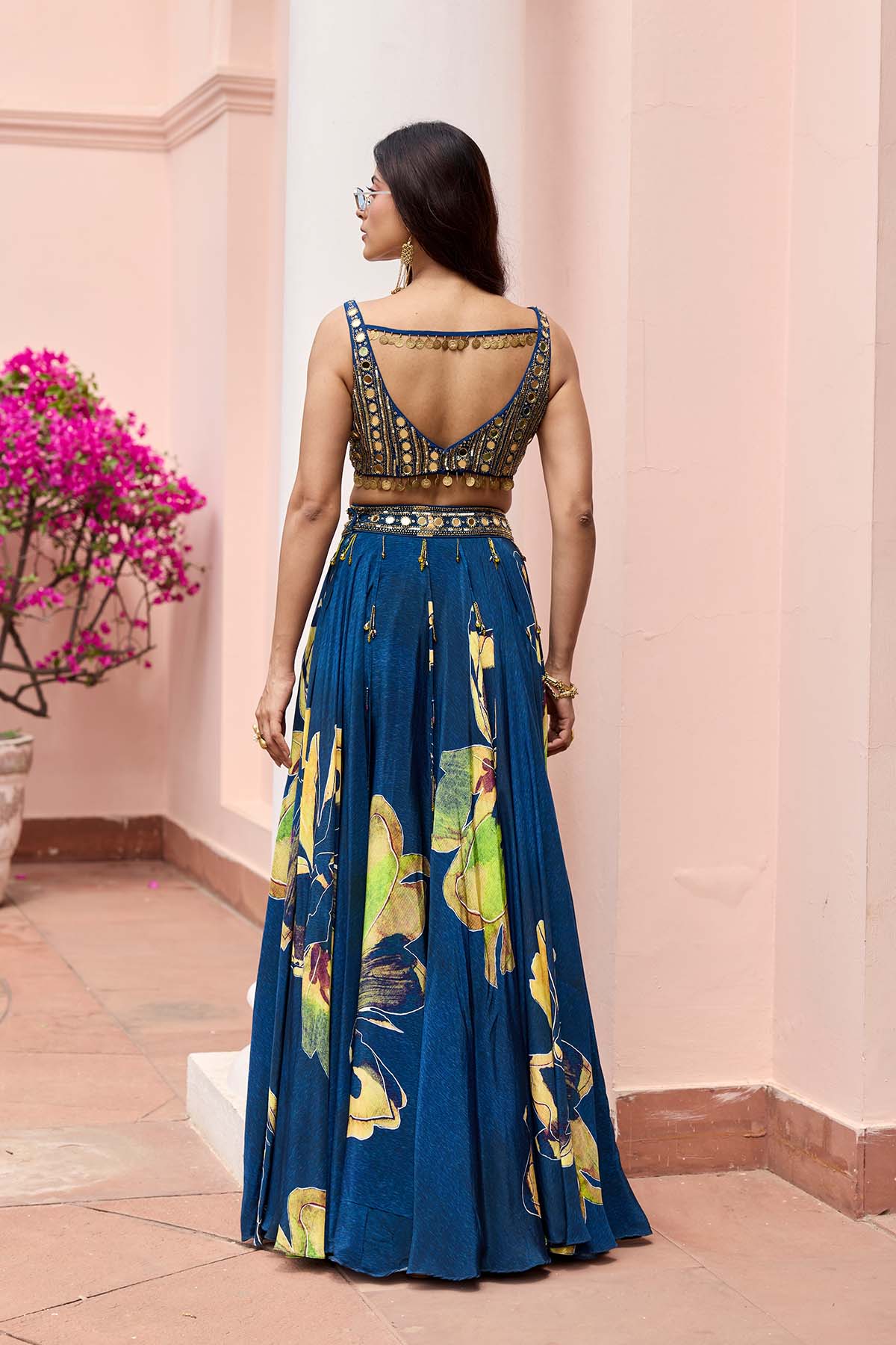 Navygold Floral Printed Lehenga Set