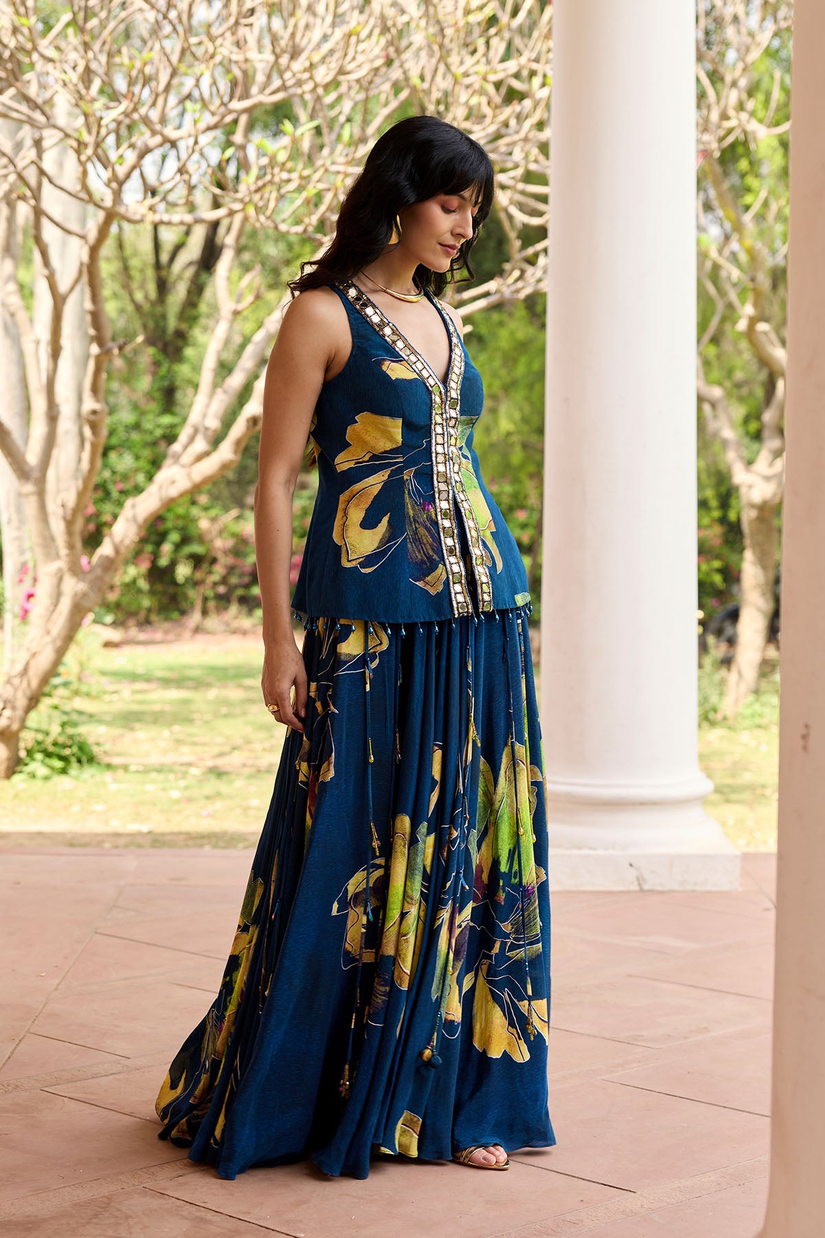 Navygold Floral Printed Lehenga Set
