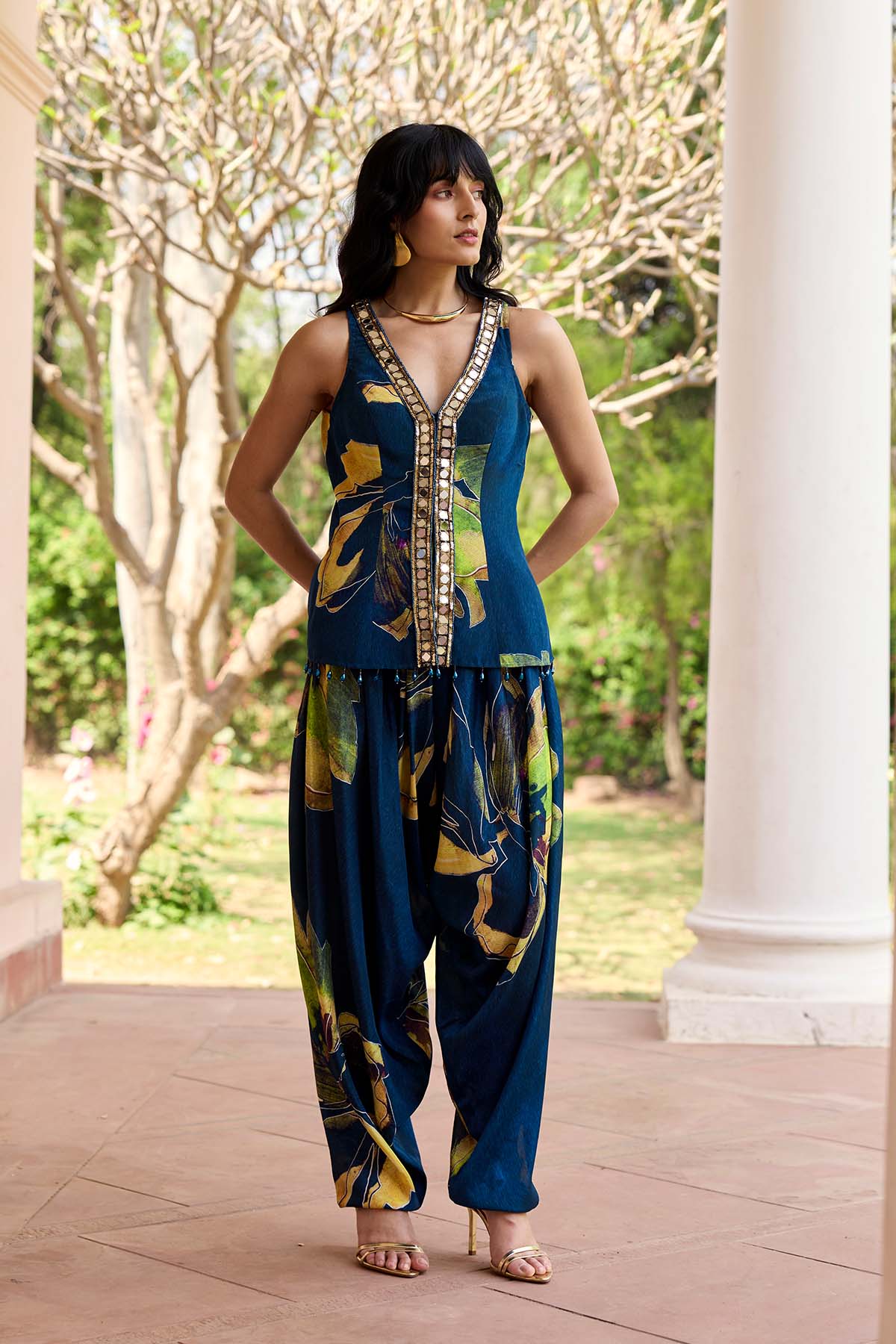 Navygold Floral Printed Dhoti Set